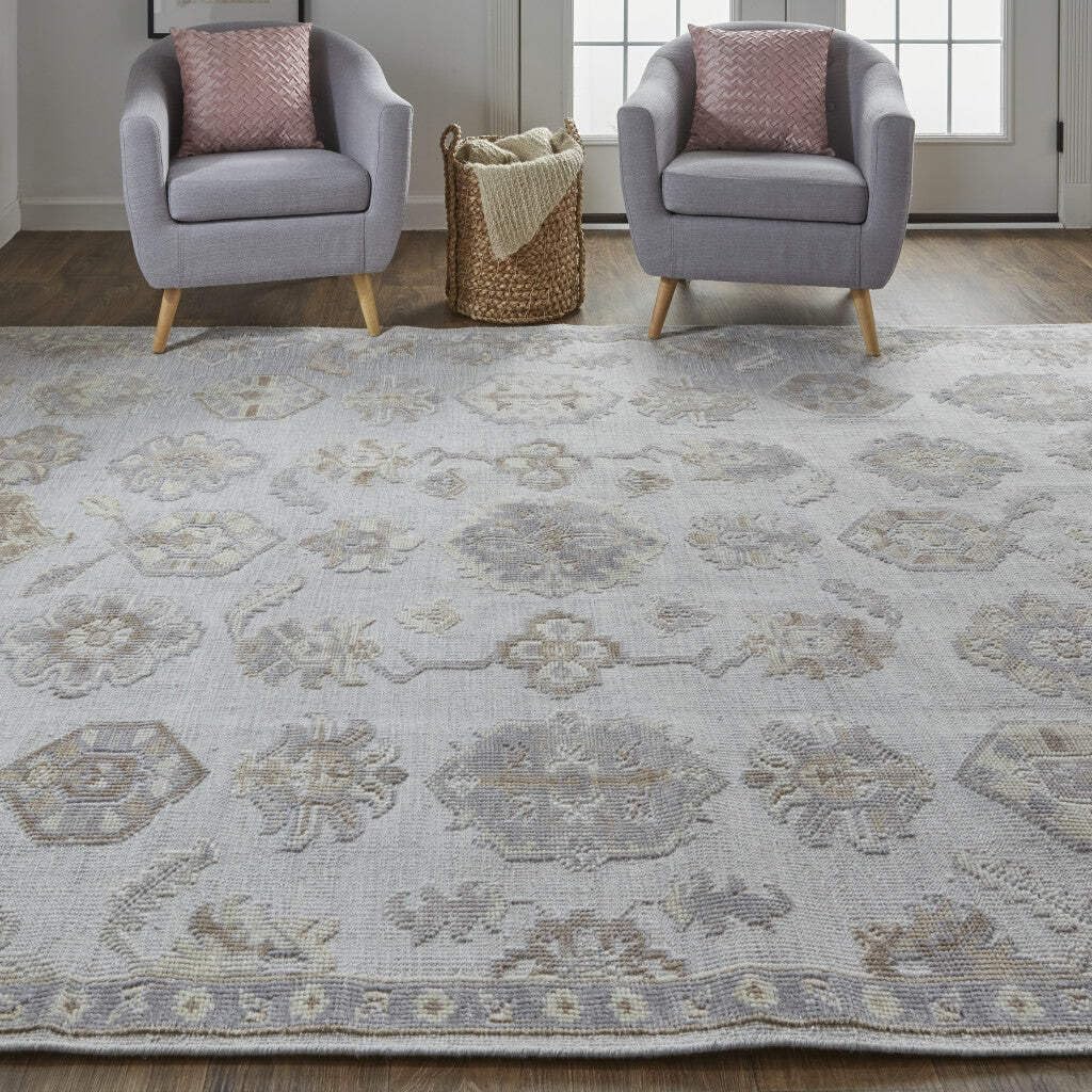 HomeRoots 514987 9 x 12 ft. Ivory Silver & Tan Floral Hand Knotted Stain Resistant Rectangle Area Rug