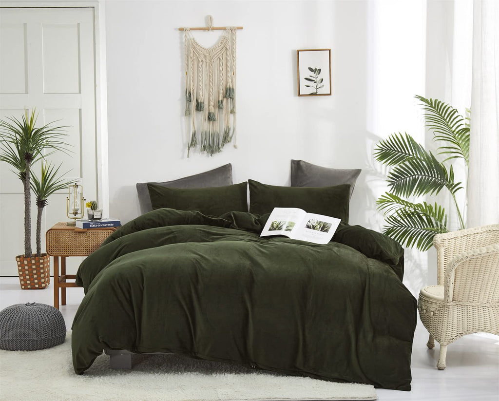 Karever Dark Green Velvet Comforter Set Full Army Green Flannel Velvet Bedding Comforter Set All Deep Green 3 Pcs Shaggy Soft Wa