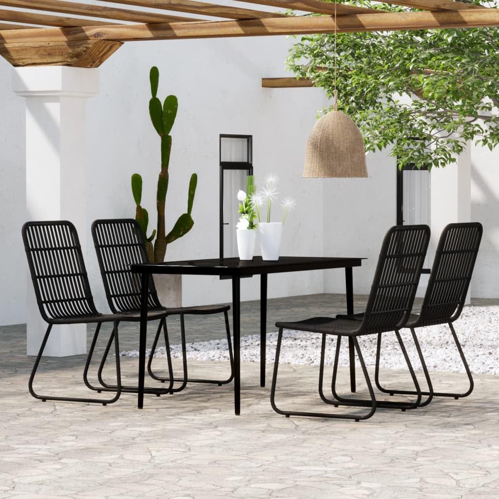vidaXL 5 Piece Patio Dining Set - Powder-Coated Steel Frame with Glass Tabletop and PE Rattan Chairs, Black