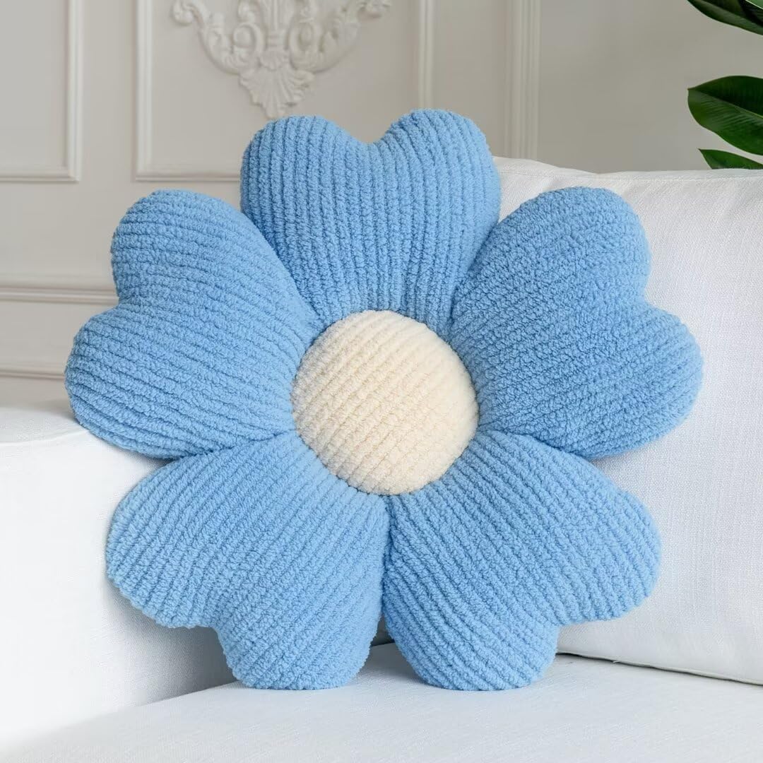 Sioloc Flower Shaped Throw Pillow, Fun Daisy Pillow, 15.7' Skyblue Flower Pillow Cute Decorative Seat Cushion Aesthetic Flower