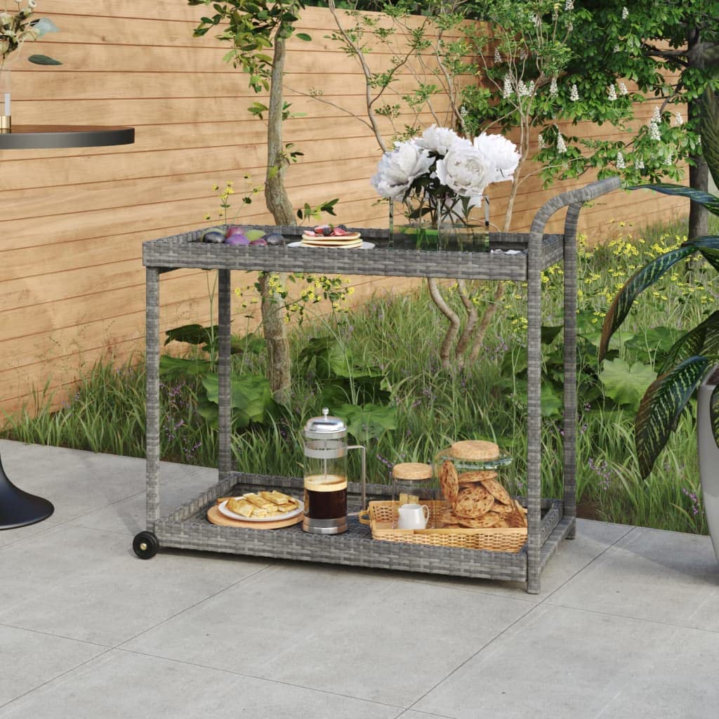 vidaXL Gray Poly Rattan and Powder-Coated Steel Bar Cart with Handle, Castors, and Ample Storage Space – 39.4"x17.7"x32.7"