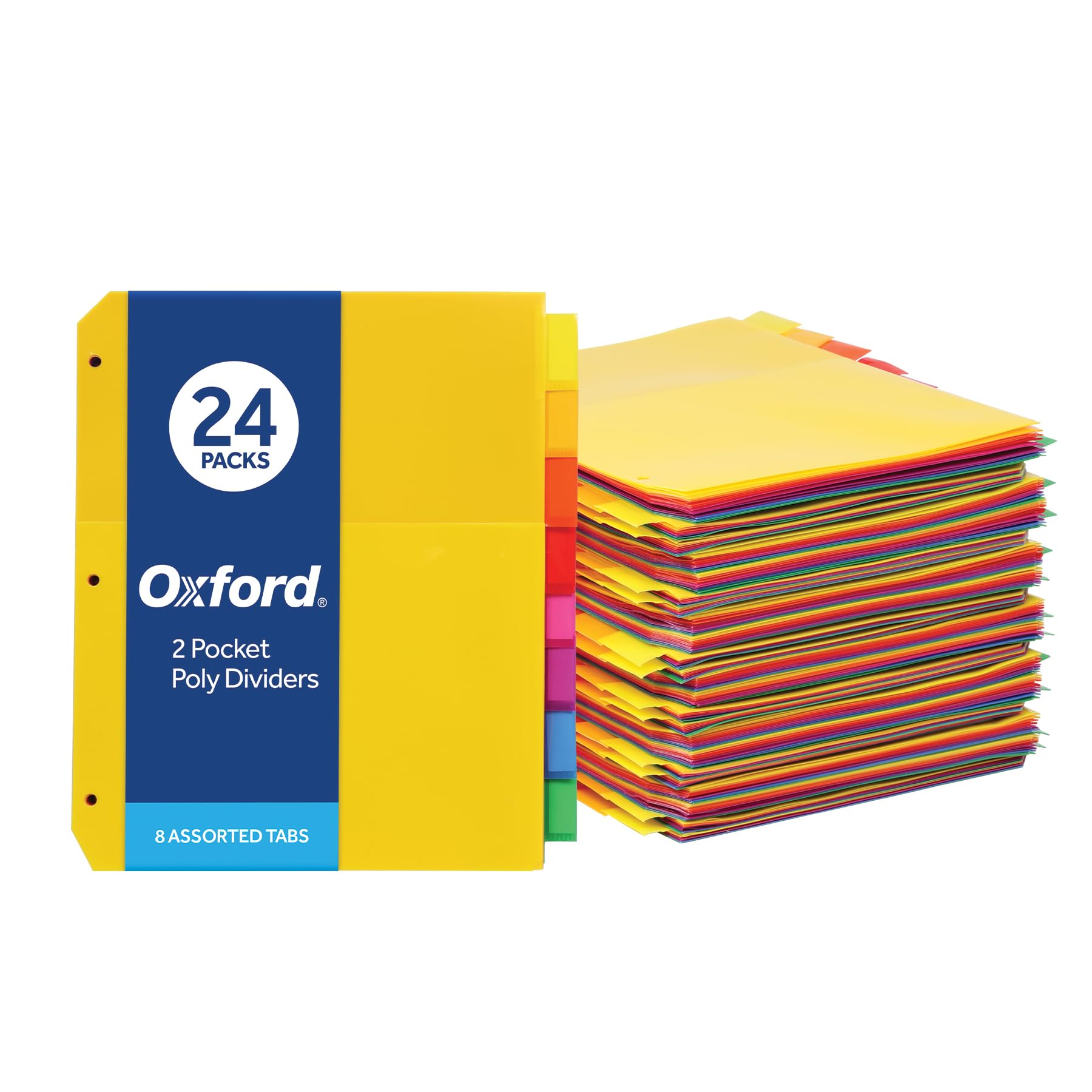 Oxford Plastic 2 Pocket Binder Dividers, 8 Tab 1/8 Cut Tab Dividers, Large Multicolor Binder Tabs, Letter Size, 24 Sets Of 8 Div