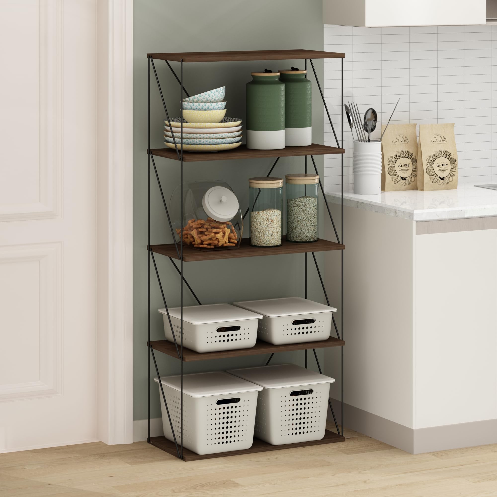 Furinno Rata 5-Tier Industrial Multipurpose Flat Base Shelf Display Rack with Metal Frame, Wide, Columbia Walnut