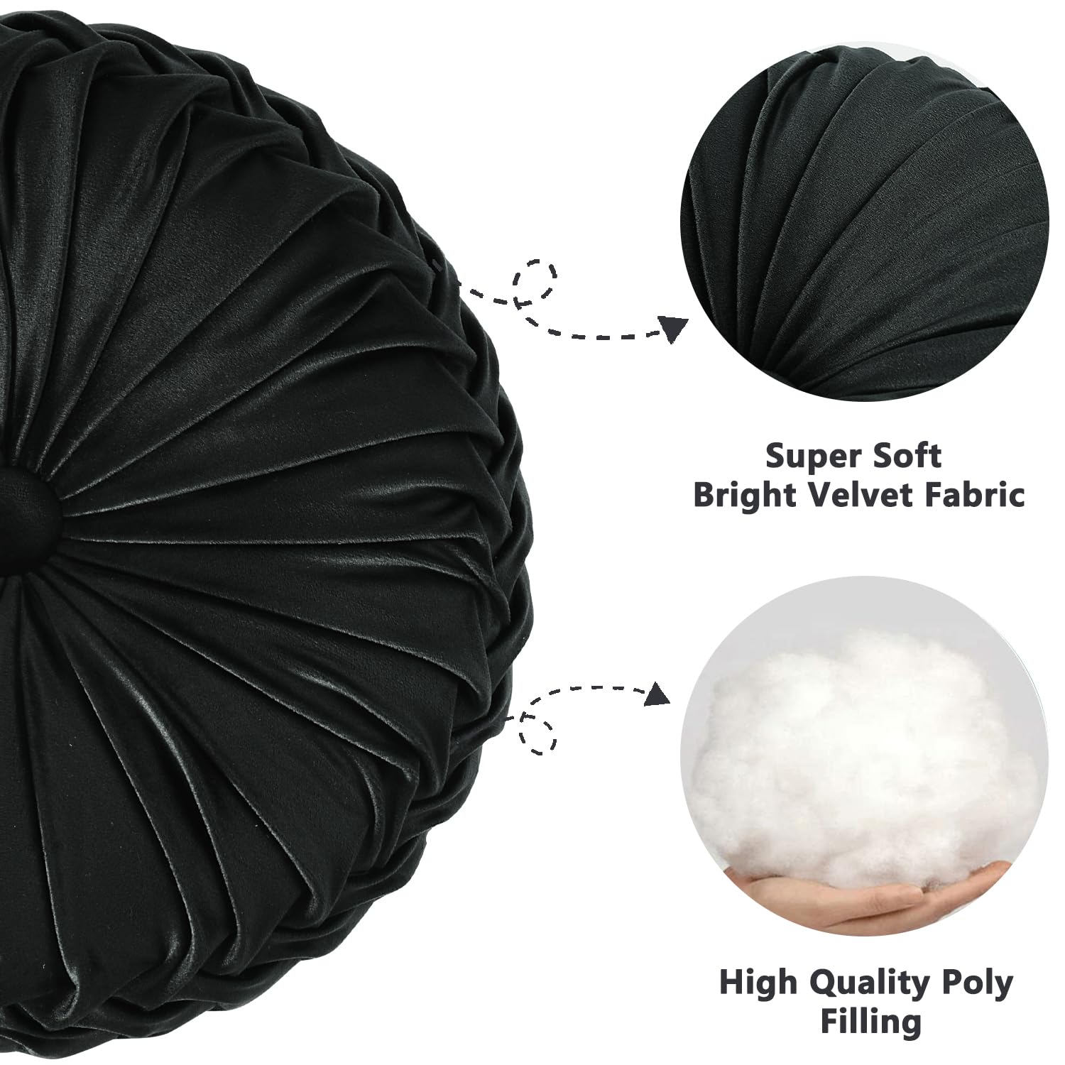 Hig Set Of 2 Decorative Round Pleated Throw Pillows, Classy Accent Pumpkin Throw Pillows With Center Button, Vintage Velvet Floor Pillows For Sofa Vanity Chair Bed, Black, 14.5' Diameter(Ripple)
