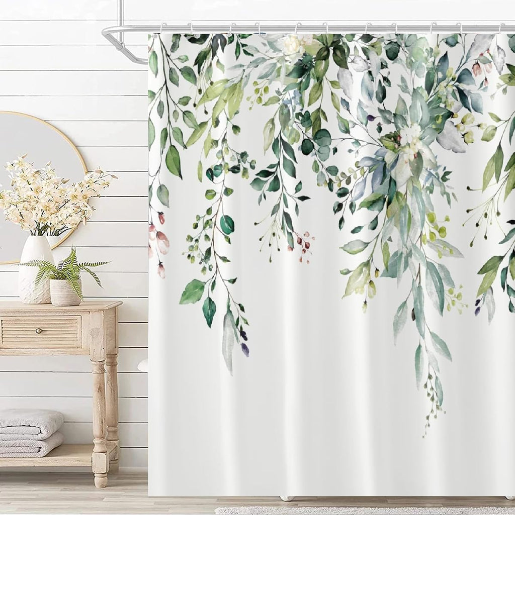 Bivinar Green Eucalyptus Leaves Shower Curtain, Watercolor Plant Floral Bathroom Shower Curtain, Fabric Waterproof Botanical Sho