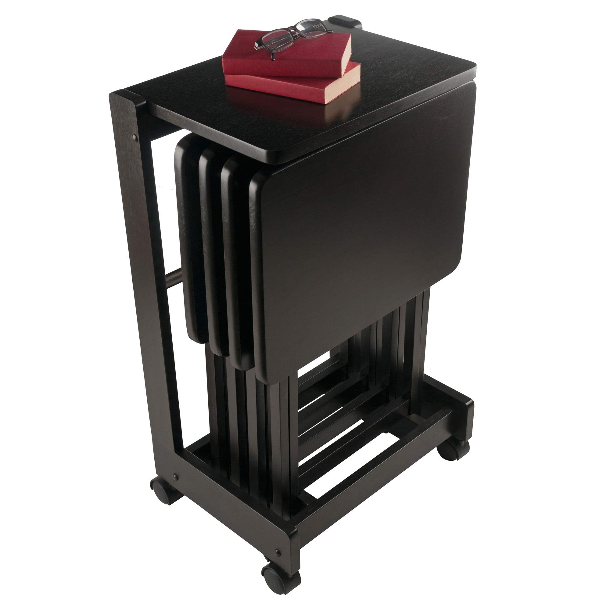 Ergode Wood Brienda 5-Piece Snack Table Set - Foldable Snack Tables with Storage Rack and Serving Cart, Solid Wood, Deep Coffee Finish, Mobile with Locking Wheels, Perfect for Home Entertainment