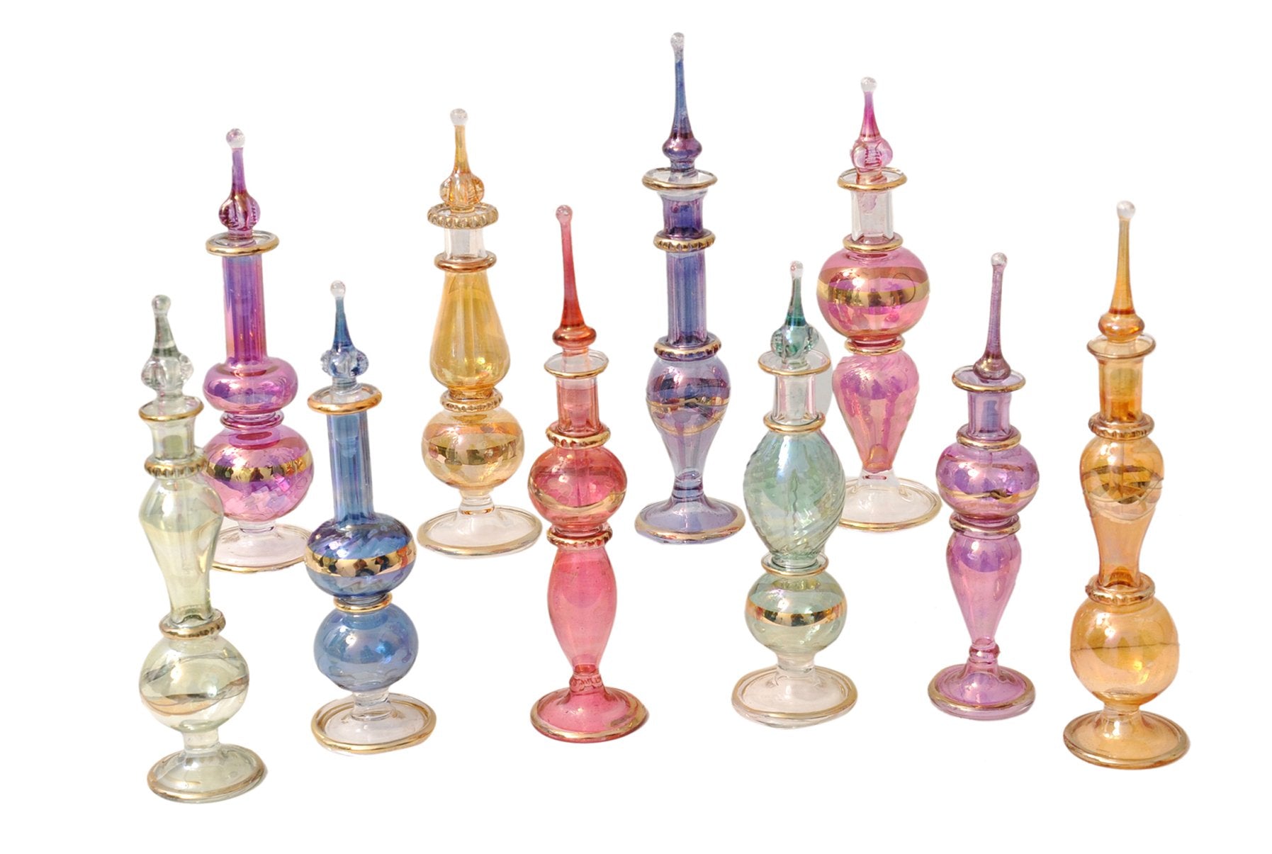 CraftsOfEgypt Genie Blown Glass Miniature Perfume Bottles for Perfumes & Essential Oils, Set of 10 Decorative Vials, Each 4 High