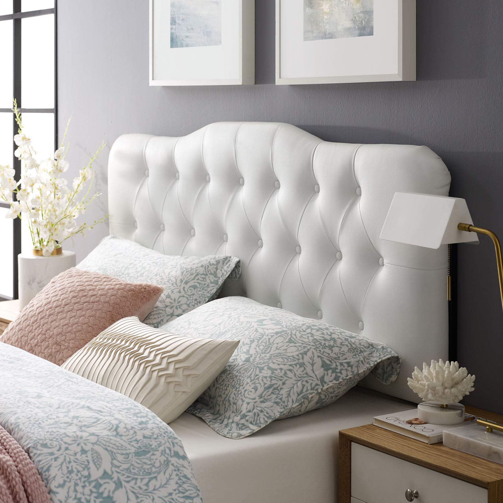 Modway Annabel Tufted Button Faux Leather Upholstered King Headboard in White