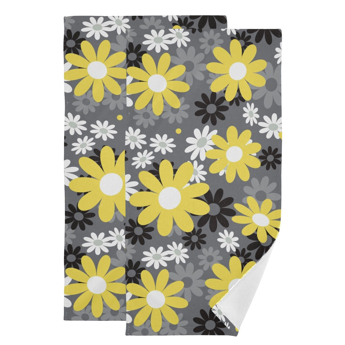 HATESAH 2 Pack Vintage Daisy Hand Towels,Microfiber Absorbent Abstract White Yellow Floral Bathroom Towels,Quick Drying Black Gr