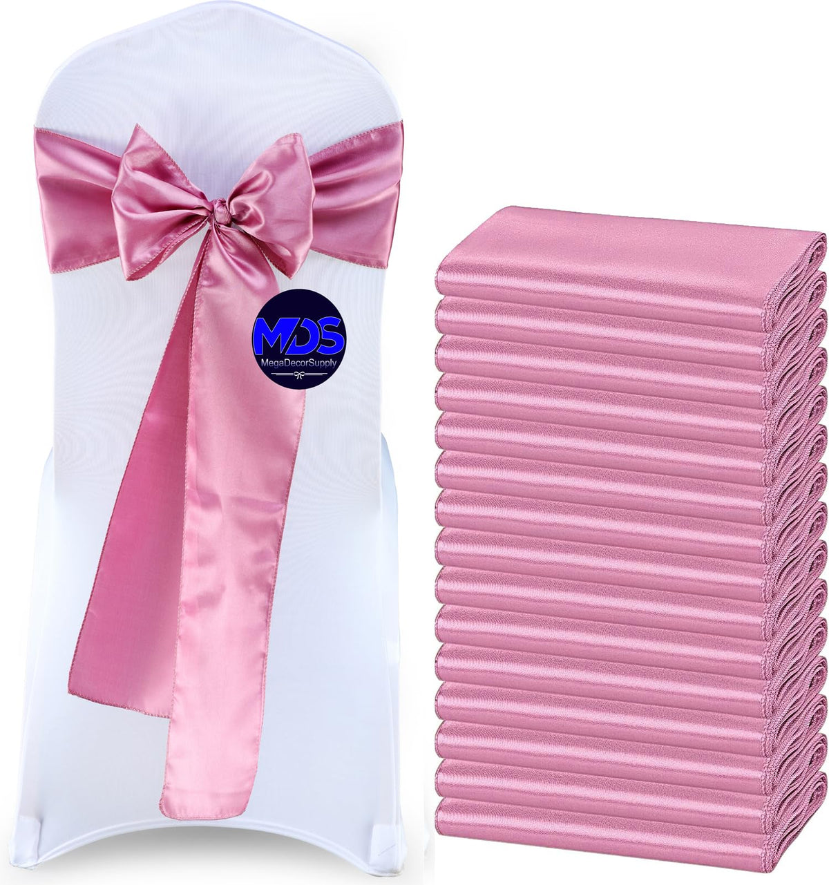 Mds Pack Of 50 Pcs Satin Chair Sashes Charmeuse Sateen Dining Chair Bows Ribbon Ties Back Sash For Wedding Party Birthday Home Hotel Restaurant Banquet Decoration (7 X 108 Inch, Dusty Pink)