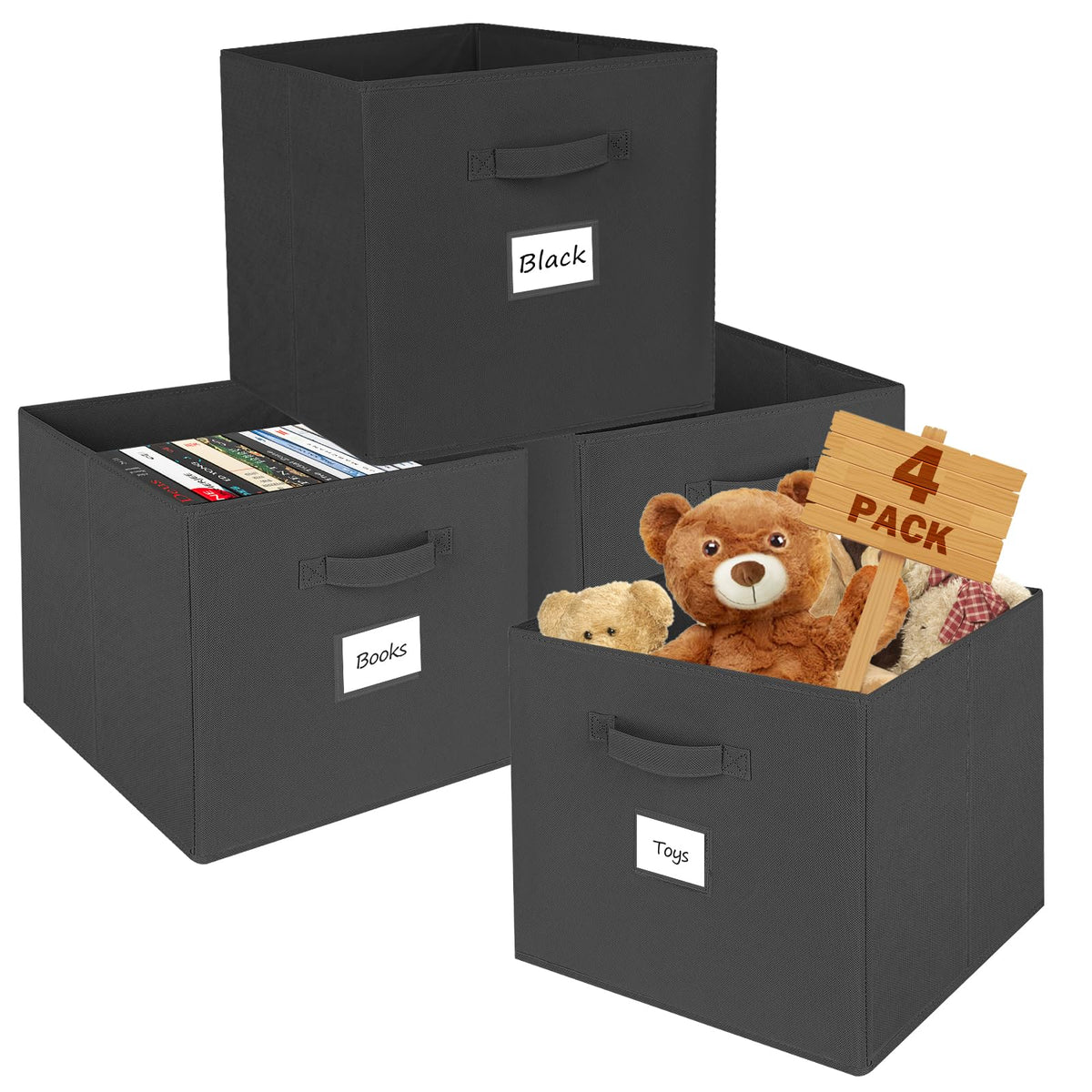 SimpliBins 13x13x13 Storage Cube Bins 4 Pack, Collapsible Fabric Storage Cubes with Fabric Handle, Simple Cubical Storage Boxes 