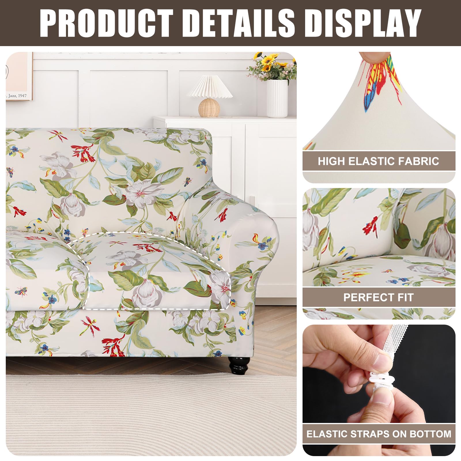 Searchi Stretch Sofa Cover Printed Couch Cover, Floral Pattern 4 Pieces Sofa Slipcover With 3 Separate Cushion Cover, Washable Furniture Protector For Living Room(Sofa, Spring Pattern)