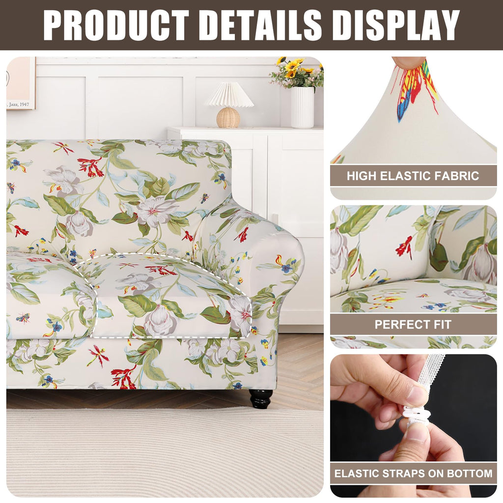Searchi Stretch Sofa Cover Printed Couch Covers, Floral Pattern 2 Piece Armchair Slipcover With Separate Chair Cushion Cover, Washable Furniture Protector For Living Room(Chair, Spring Pattern)