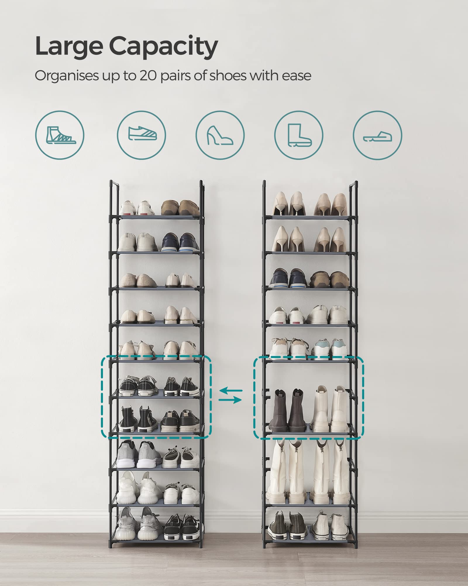 Songmics Shoe Rack, 10 Tier Shoe Shelf, Shoe Storage Organizer, Space-Saving, 11 X 17.7 X 68.1 Inches, Metal Frame, Non-Woven Fabric Shelves, For Entryway, Bedroom, Grey Ulsh010G01