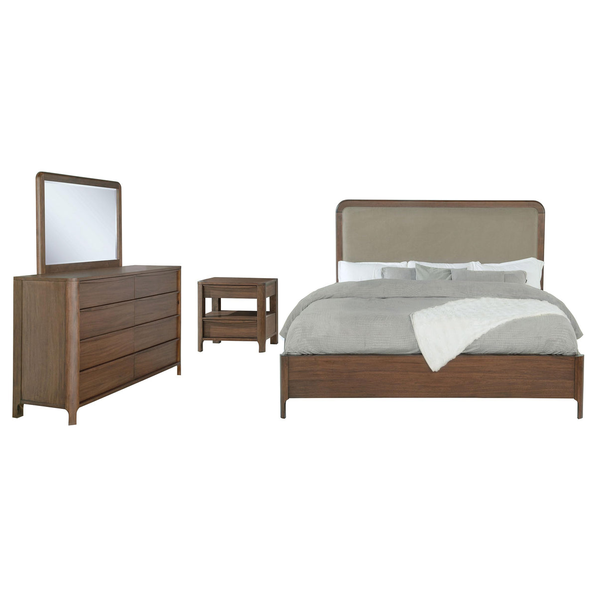 Coaster Home Furnishings Maderia Transitional 4-Piece Bedroom Set Fabric Upholstered Queen Size Panel Bed Frame 57-inch Headboard Walnut 223321Q-S4