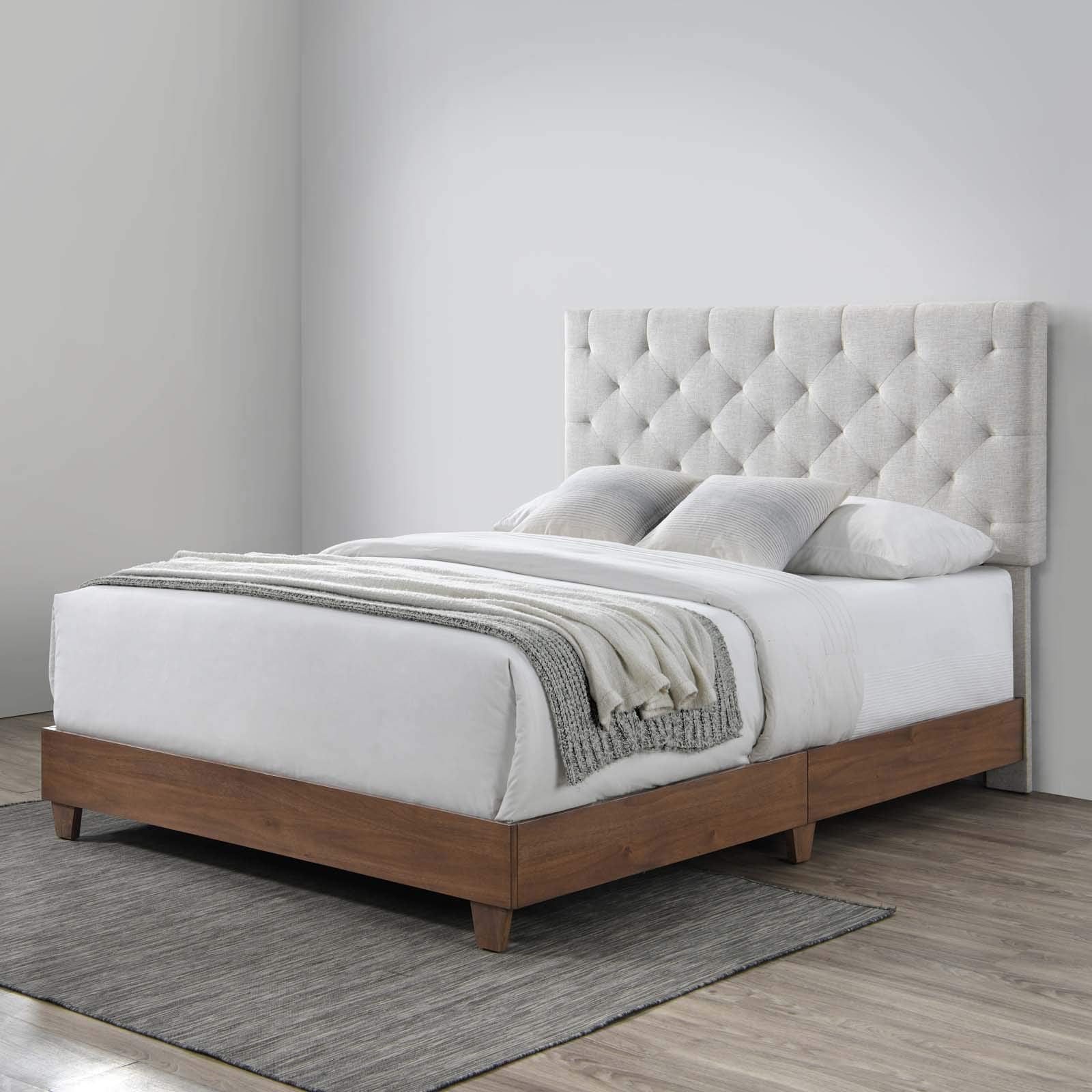 Modway Rhiannon Diamond Tufted Upholstered Fabric Queen Bed, Walnut Beige