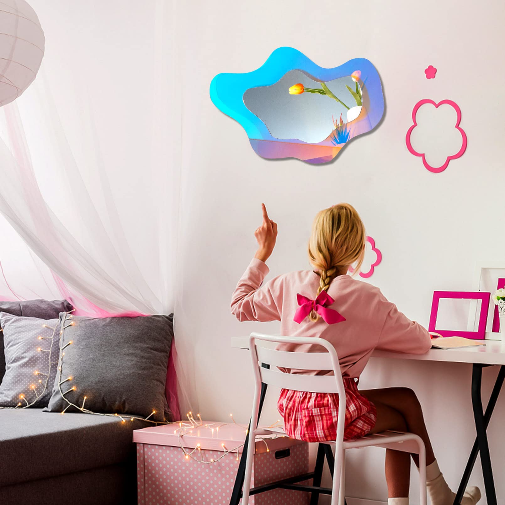 Irregular Wall Mirror Wavy Acrylic Rainbow Mirror Room Decor Aesthetic Mirror Amorphic Vanity Retro Mirror For Bedroom Living Ro