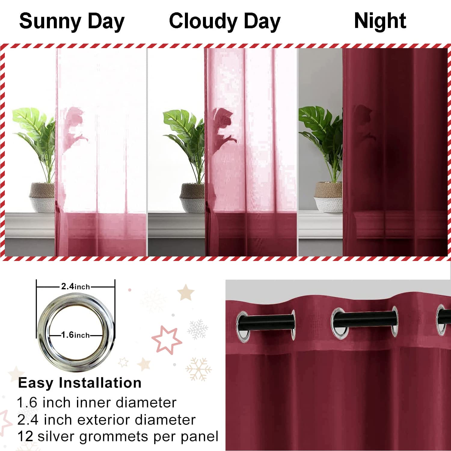 Hiasan Sheer Curtains For Bedroom With Tiebacks, Grommet Light Filtering Extra Wide Voile Texture Window Curtains For Living Room, Kids' Room And Nursery, Burgundy, W70 X L84, 2 Soft Drape Panels