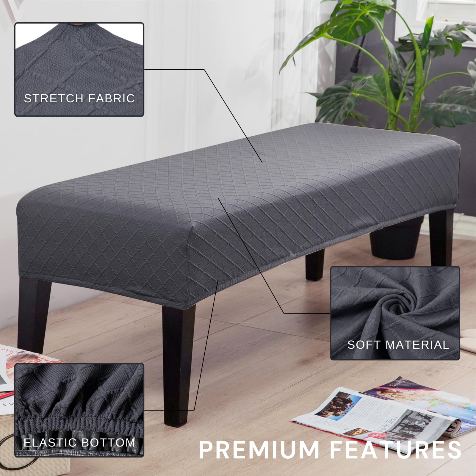 Searchi Stretch Dining Bench Covers, Washable Anti Dust Durable Bench Cushion Covers Jacquard Bench Slipcover, Dining Room Bench Covers For Dining Room, Bedroom, Living Room(Grey Jacquard)