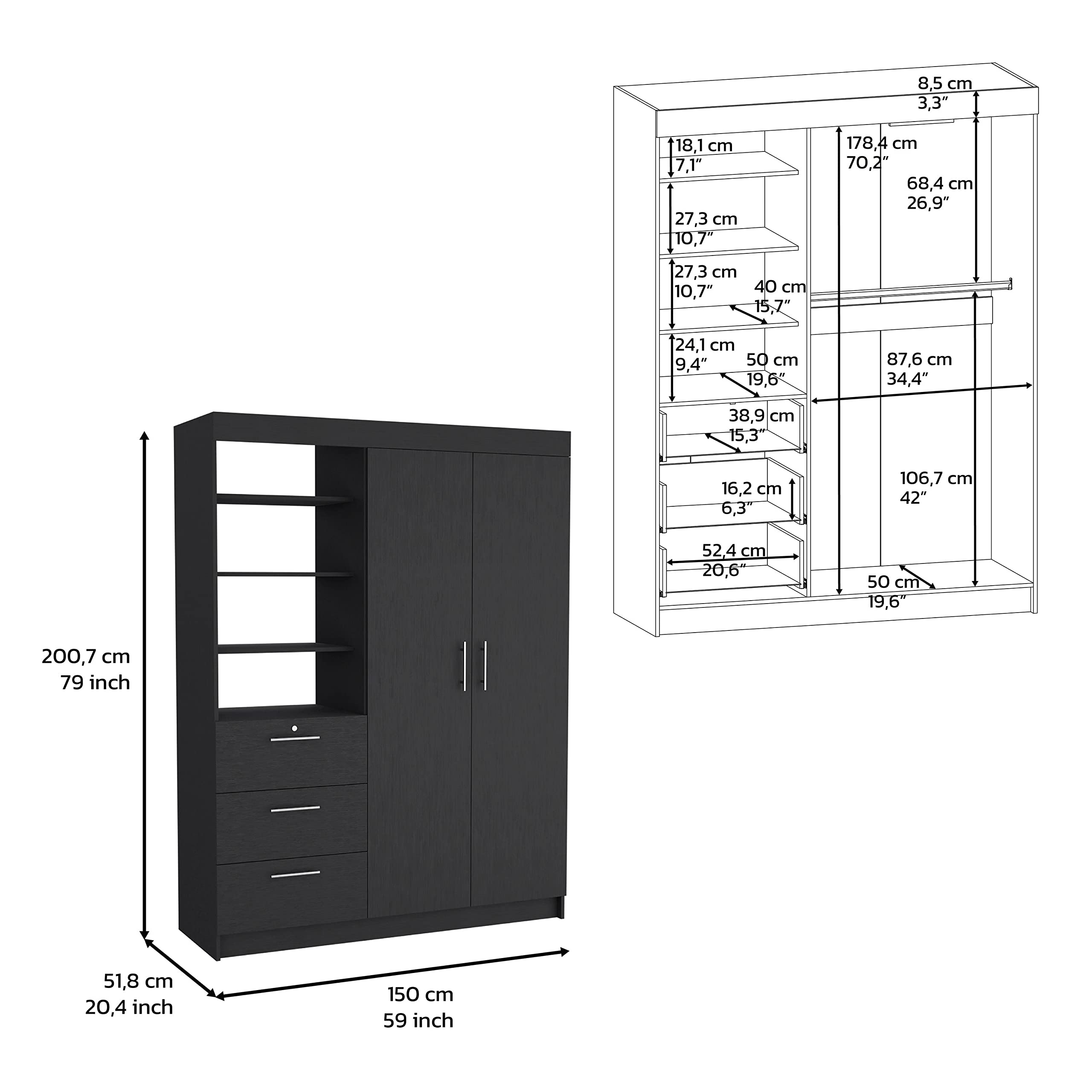 Depot E-Shop Laurel 3-Tier Shelf And Drawers Armoire With Metal Handles, Black