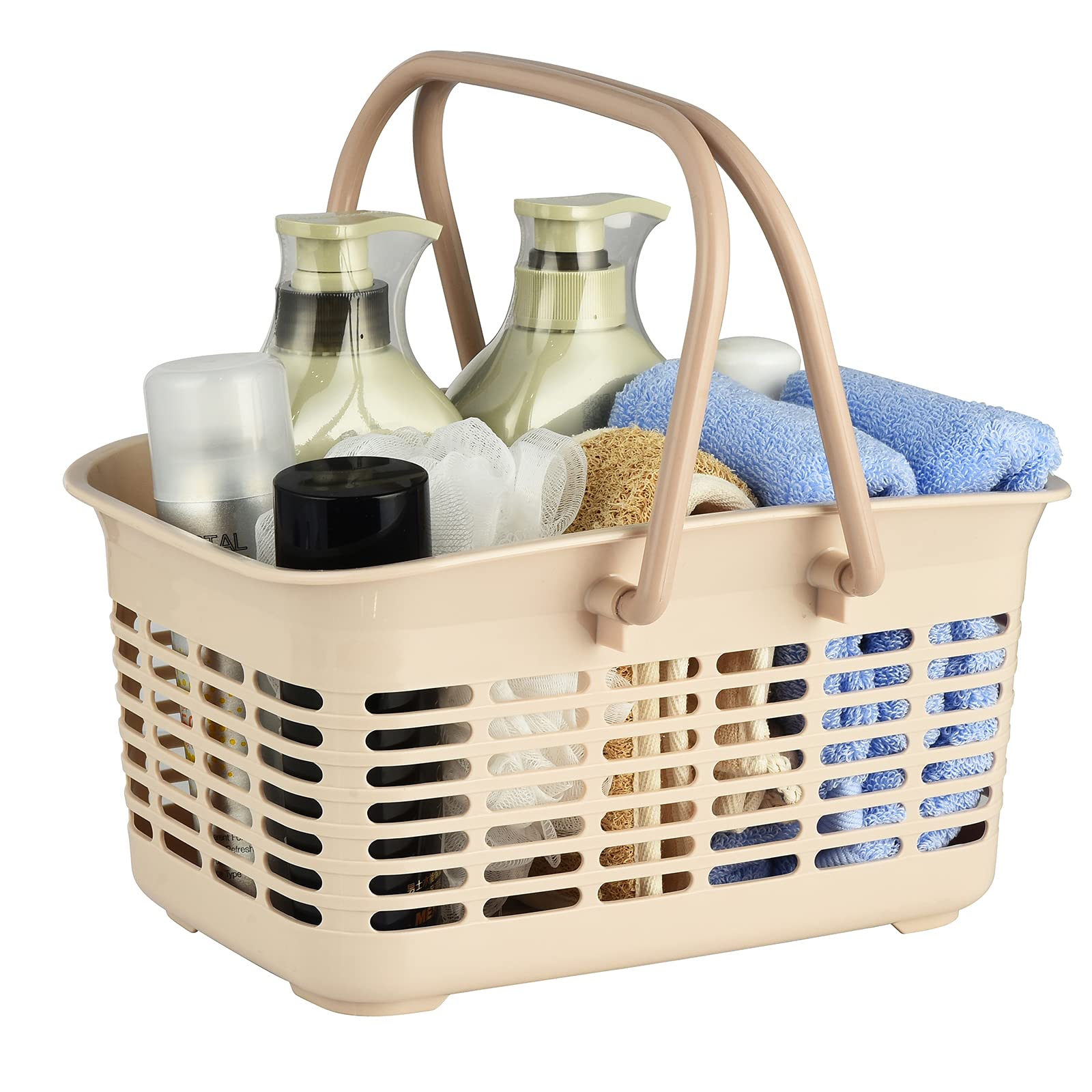 ALINK Plastic Shower Caddy Basket with Handle, Portable Organizer Storage Basket for College Dorm, Bathroom, Kitchen - Khaki