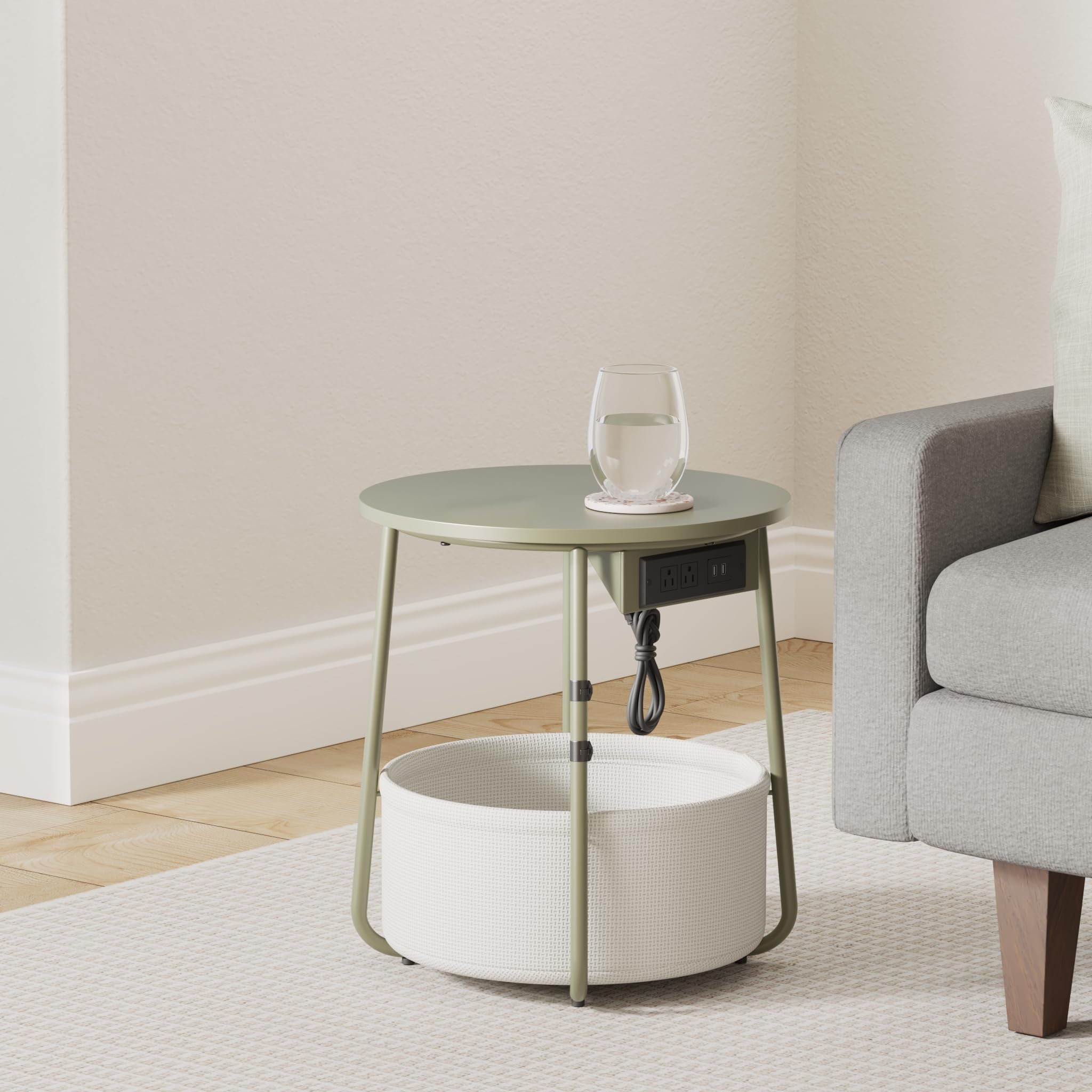 Vasagle Side Table With Charging Station, Round End Table With Fabric Basket, Nightstand With Power Outlets Usb Ports, For Living Room, Bedroom, Modern, Forest Green And Cream White Ulet228C04