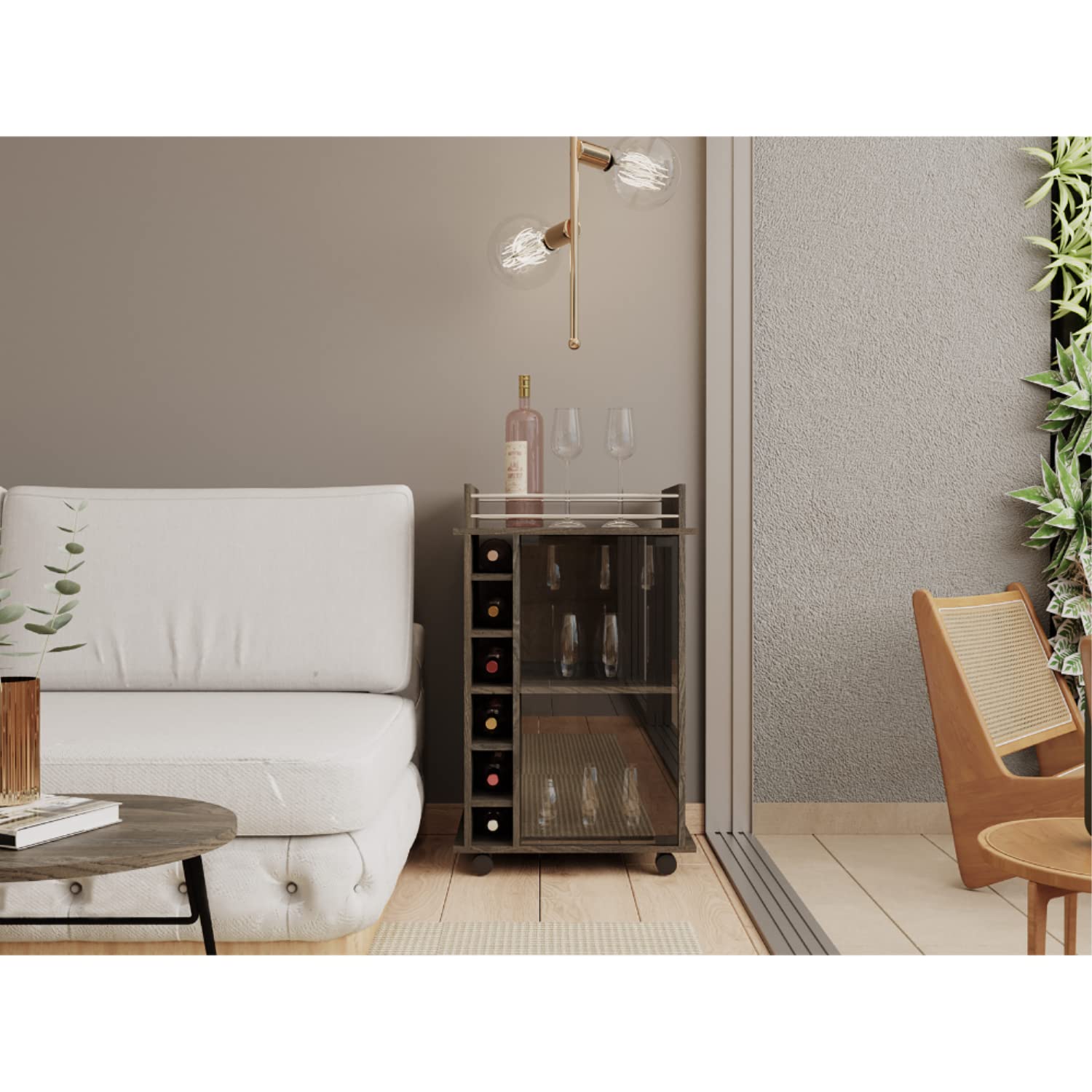 Huali Bar Cart with 6 Wine Cubbies, Glass Door, 4 Casters, and 2 Shelves, Carbon Espresso