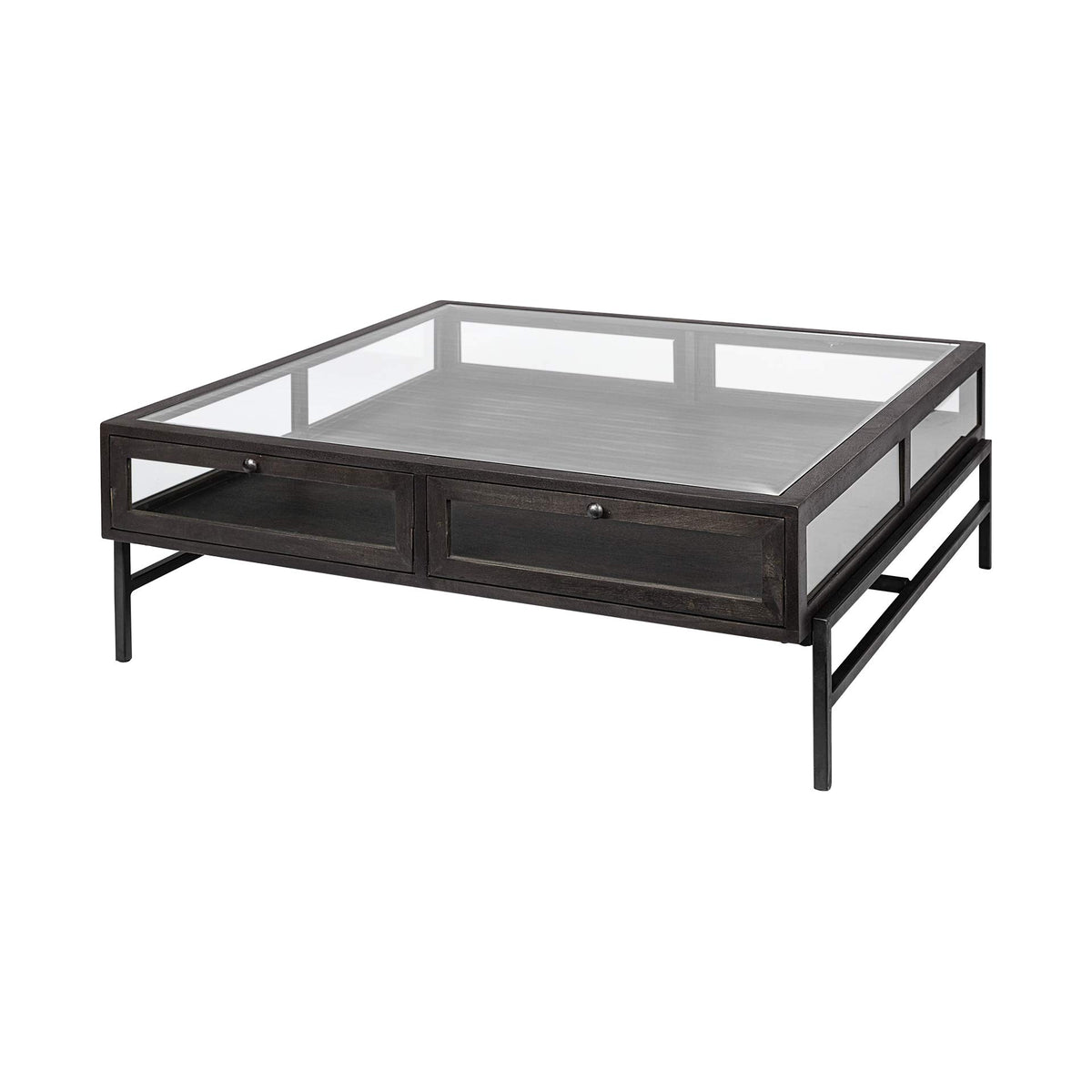 HomeRoots Gray Square Glass Top Wood and Black Metal Base Display Coffee Table w/ 2 Drawers