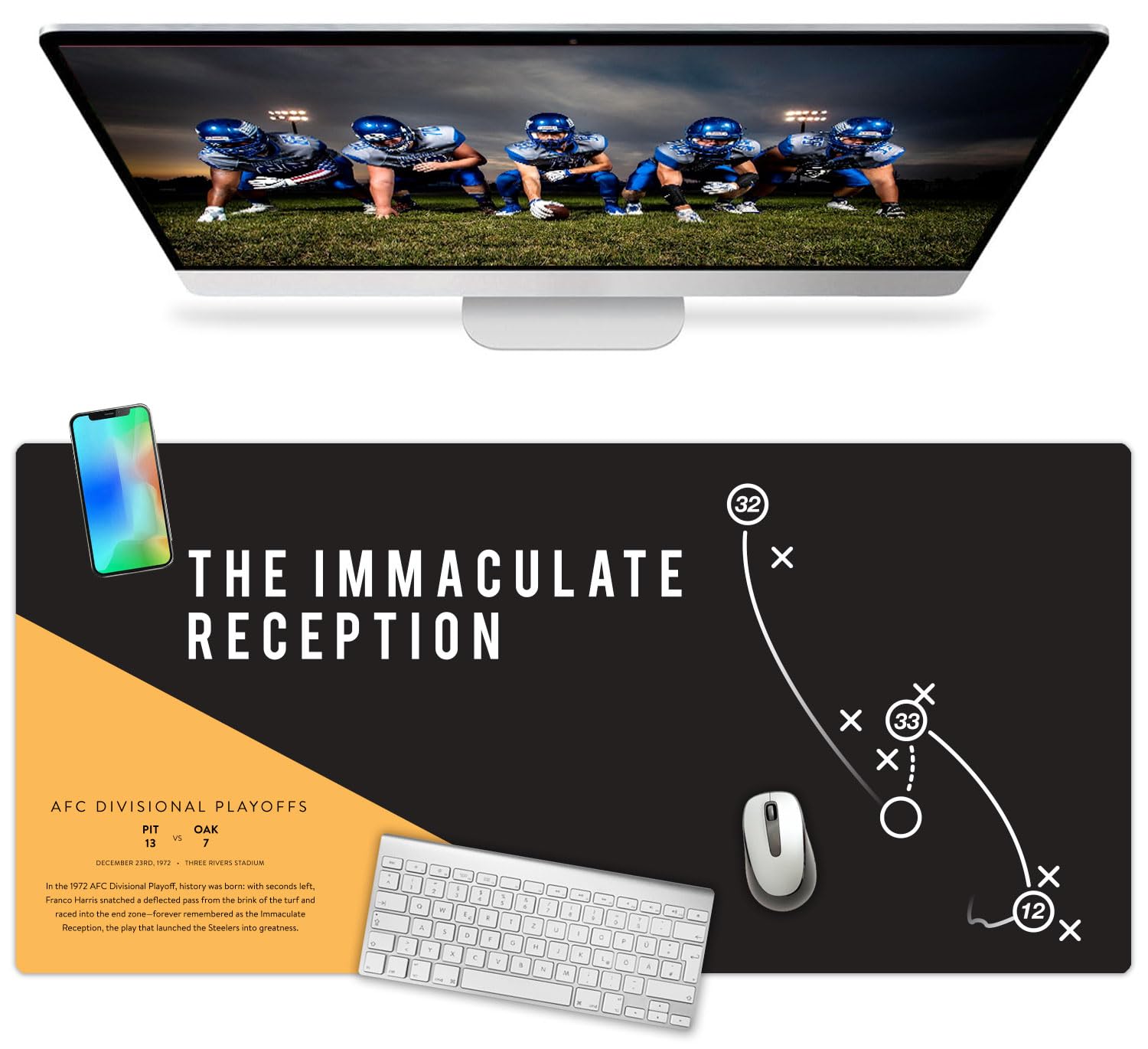 French KOKO Large Pittsburgh Football Desk Mat for Desktop - XL Black and Gold Desk Pad Mat Featuring The Immaculate Reception P