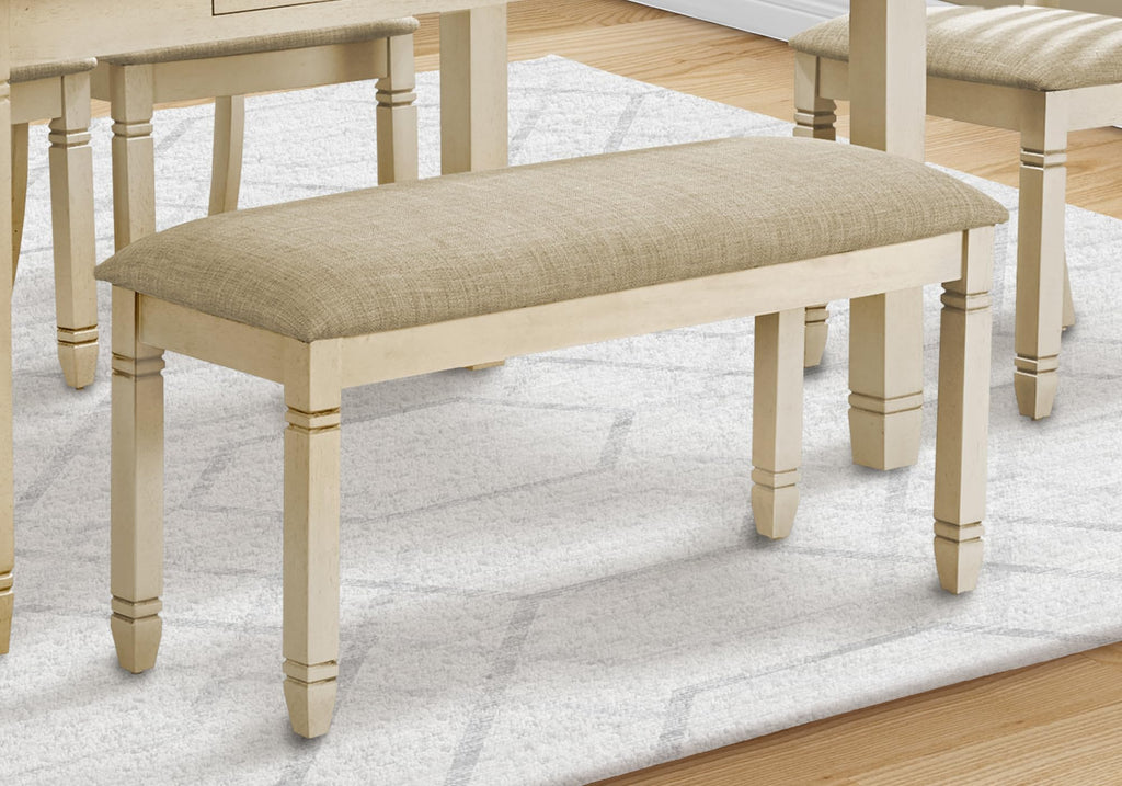 Monarch Specialties I 1266 Upholstered Bench, 41?Solid Wood, Antique White, Beige Linen Fabric, Kitchen, Dining Room