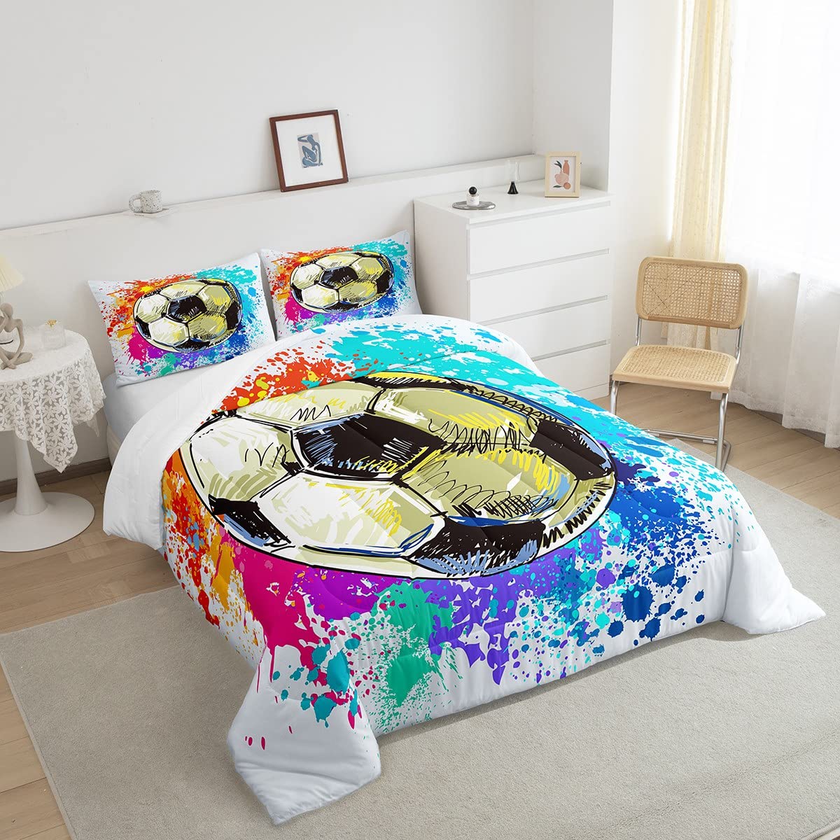 Castle Fairy Soccer Comforter Set Twin Size,Watercolor Tie-Dye Duvet Insert For Kid Teen Boys Girls Room Decor,Sports Game Quilted Duvet,Colorful Graffiti Hip Hop Quilt Cover With 1 Pillowcase