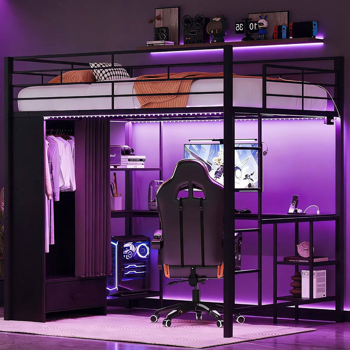 VINGLI Full Loft Bed 15 Inch Extra Tall Safety Guardrail, Wardrobe with Curtain, and Flat Rungs, LED High Double Sleeper with 2 