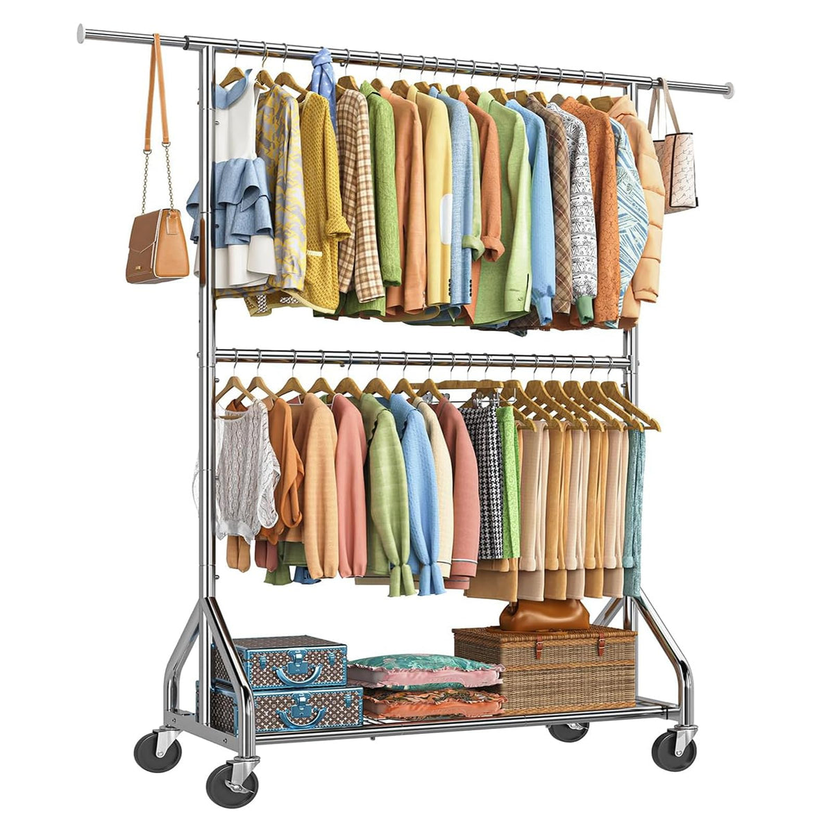 Simple Trending Double Rod Clothing Rack, Heavy Duty Clothes Rack, Chrome