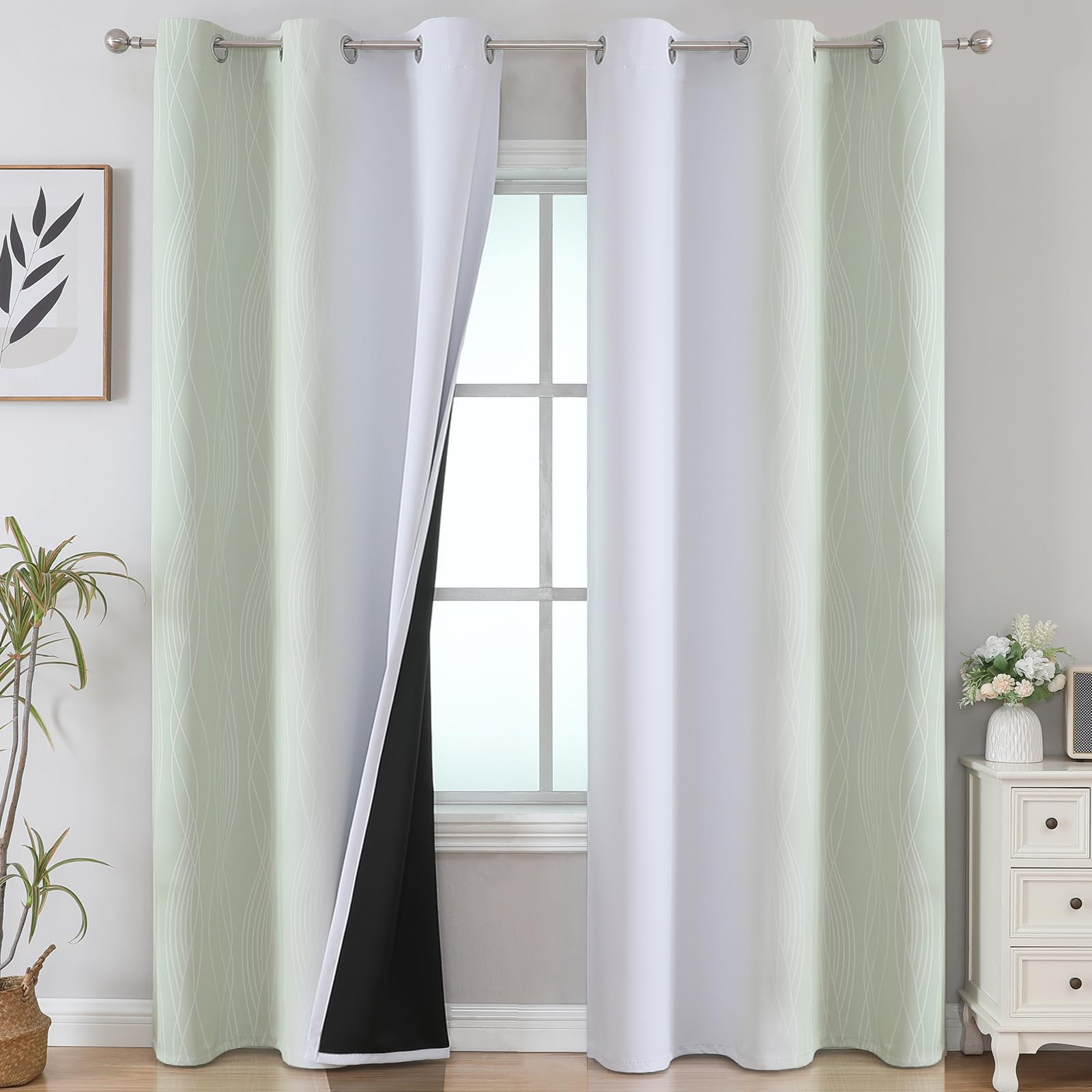 Estelar Textiler Sage And Greyish White Room Darkening Blackout Curtains 84 Inch Length 2 Panels Set For Living Room, Thermal In
