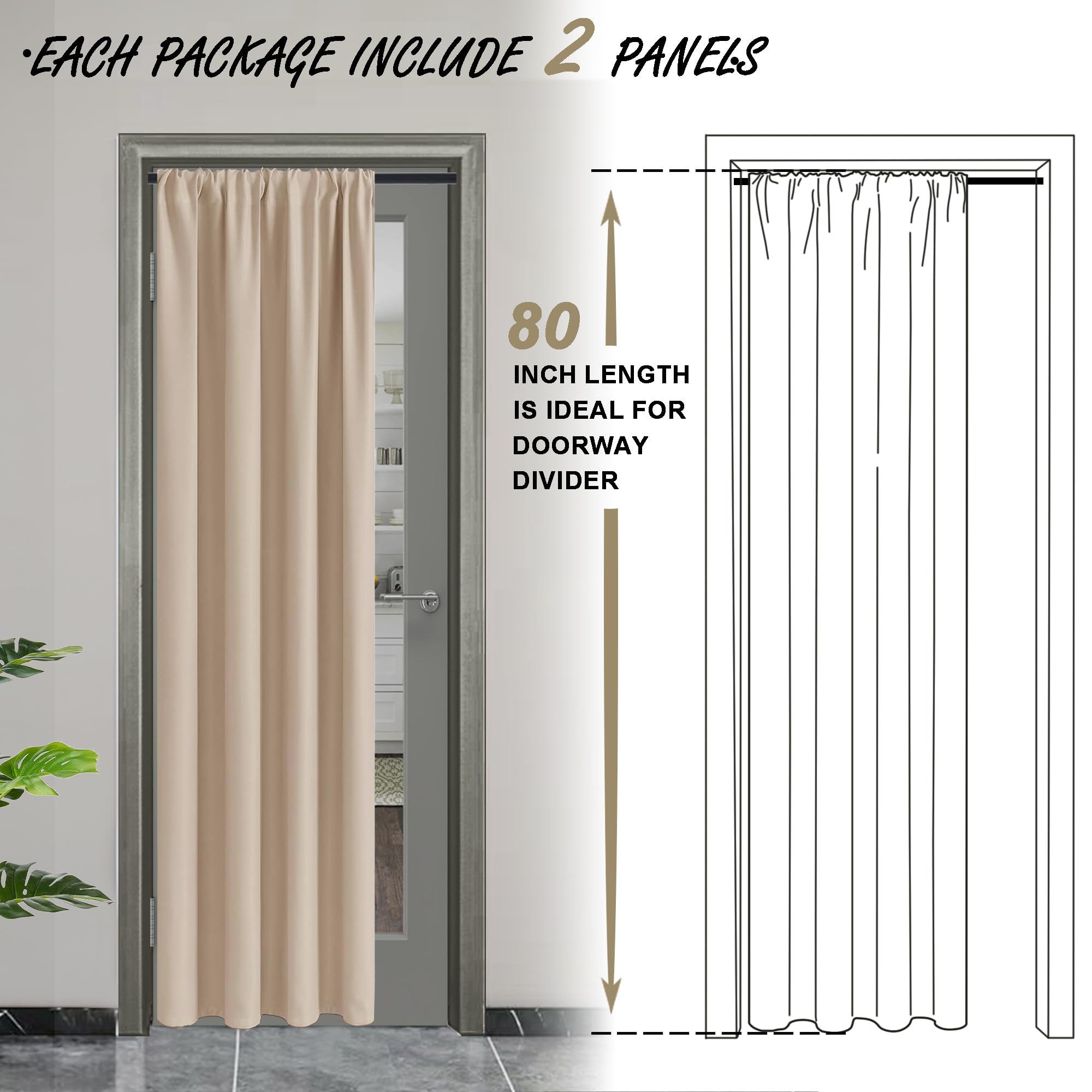 Jiuzhen Blackout Doorway Curtains 80 Inch Length - 2 Panels Thermal Insulated Privacy Soundproof Rod Pocket Closet Door Curtains Room Divider For Bedroom,Office, 42 X 80 Inches, 42 X 80 Inch, Beige