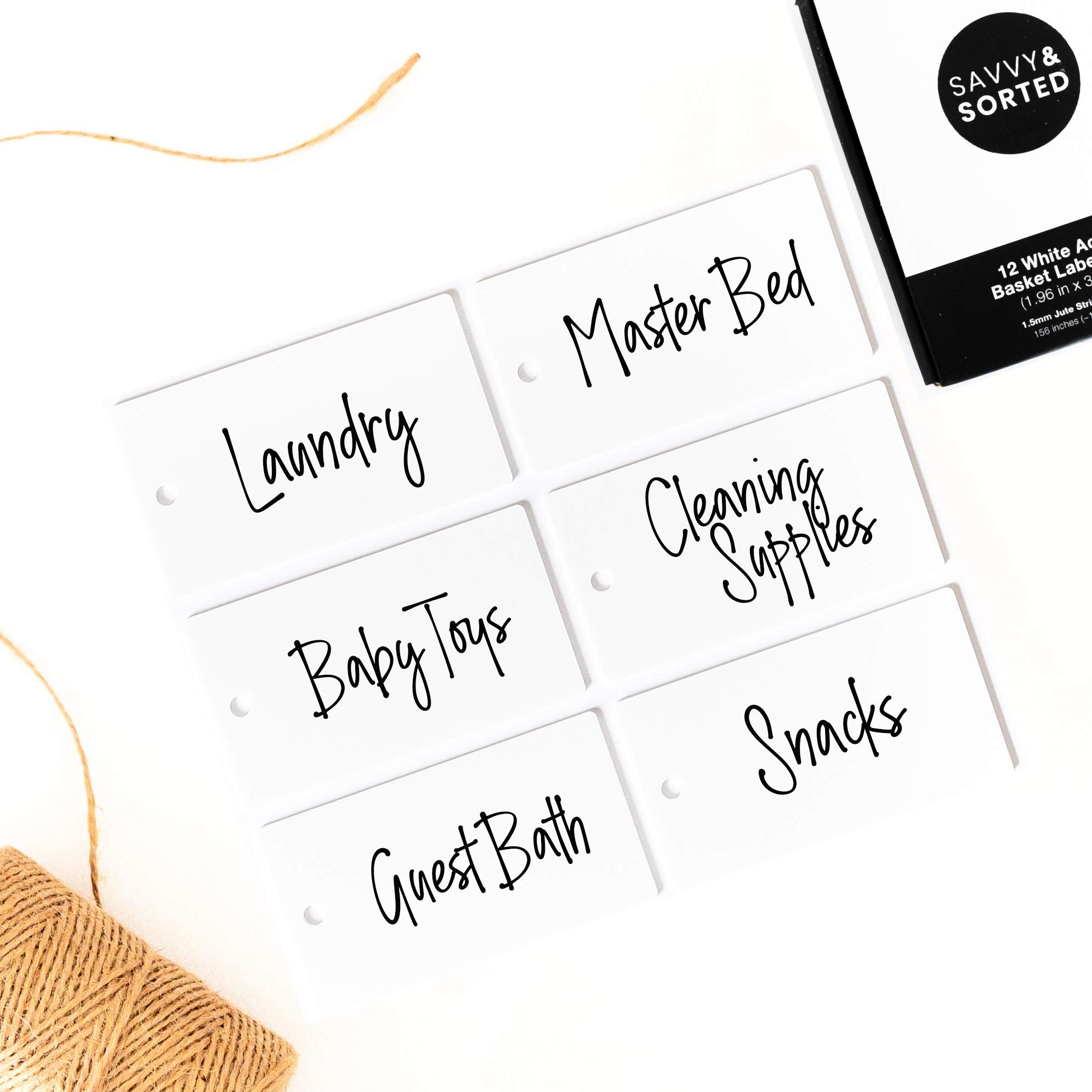 12 White Acrylic Basket Tags - Jute String Label Holders For Storage Bins - Acrylic Hanging Tags Labels For Baskets - Basket Lab