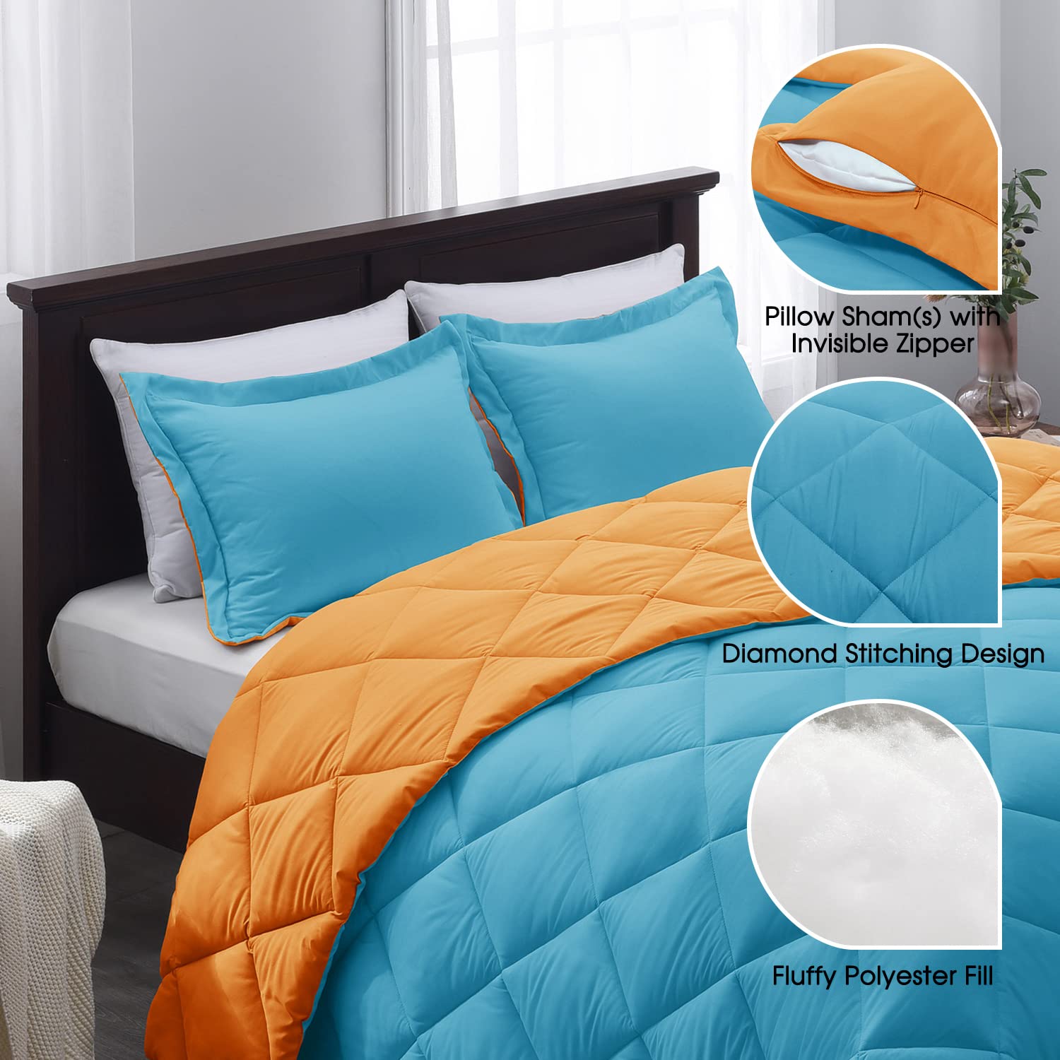 Basic Beyond King Size Comforter Set - Peacock Blue And Orange Comforter Set, Reversible King Bed Comforter Set For All Seasons, 1 Comforter (104'X92') And 2 Pillow Shams (20'X36'+2')