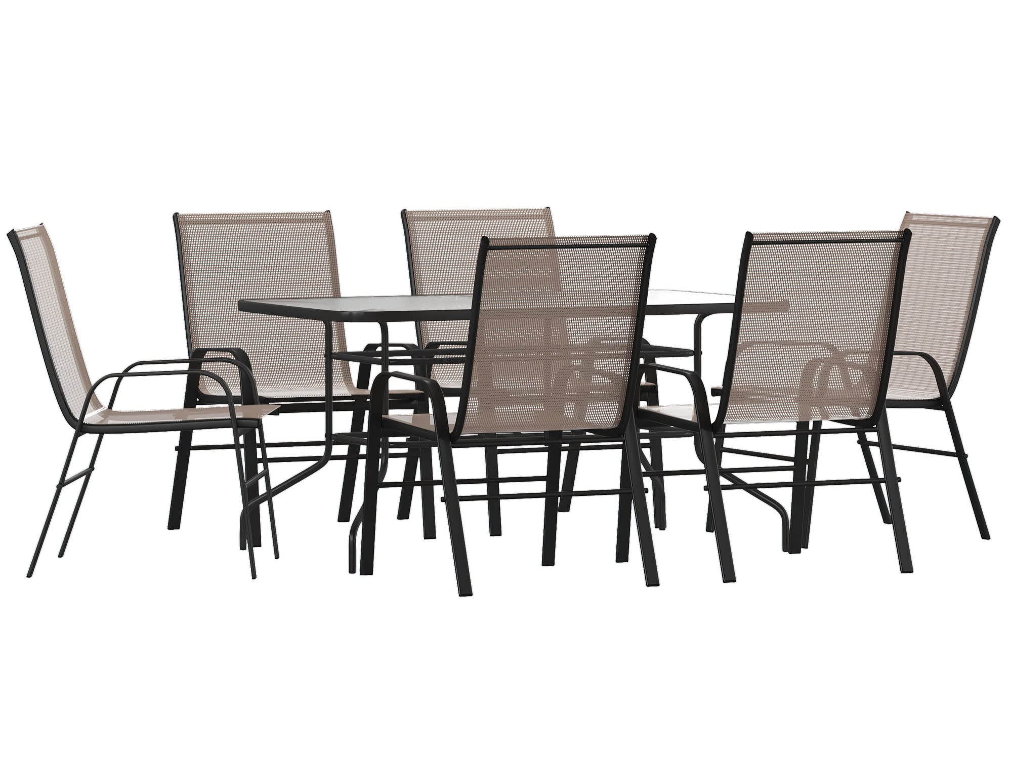 Flash Furniture Brazos Series 7-Piece Glass Patio Table And Chairs Set, Outdoor Patio Dining Set With Rectangular Table, 6 Sling Patio Chairs, Brown