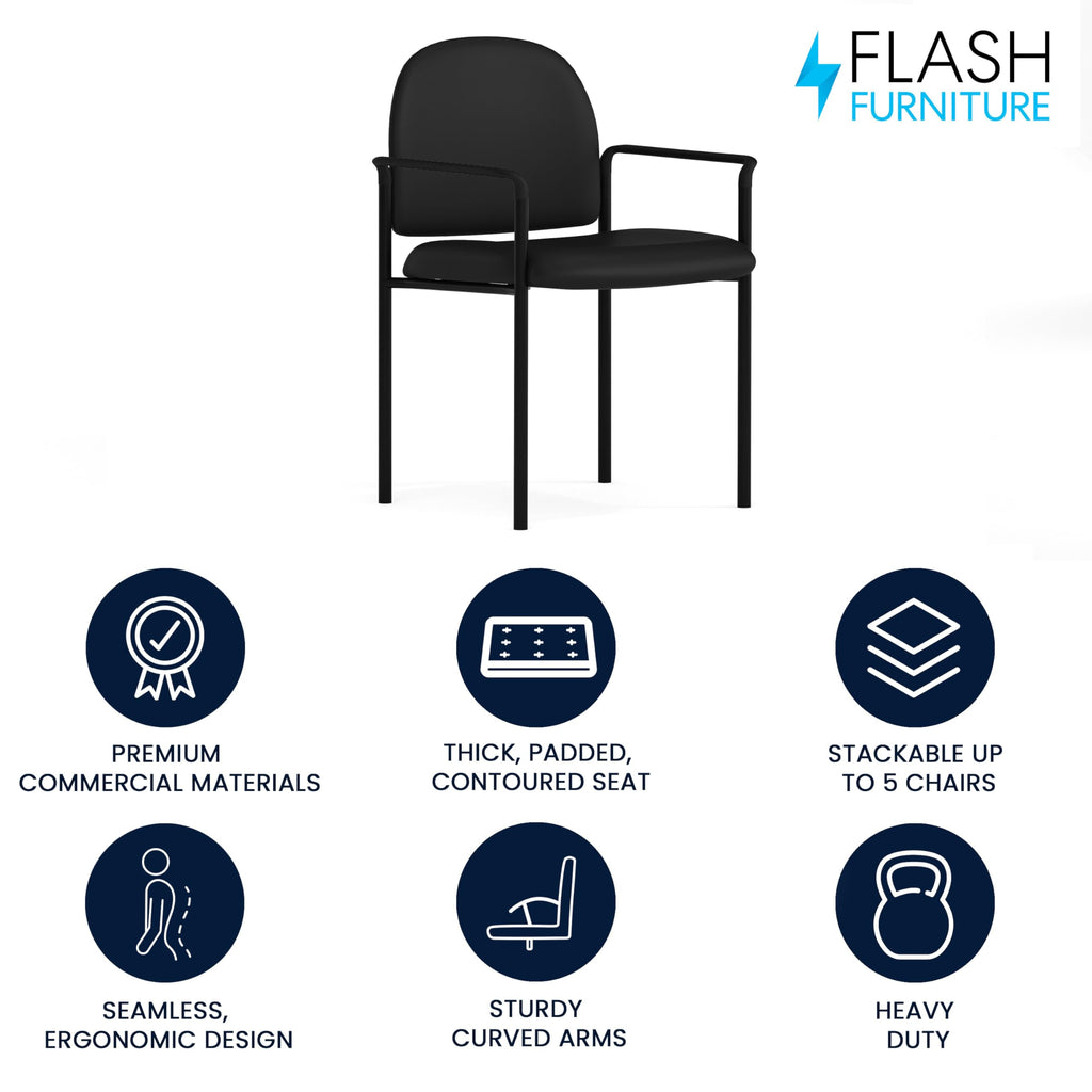 Flash Furniture Tiffany Side Reception Chair with Padded Armrests, Stackable Vinyl Waiting Room Chair for Commercial or Residential Use, Black
