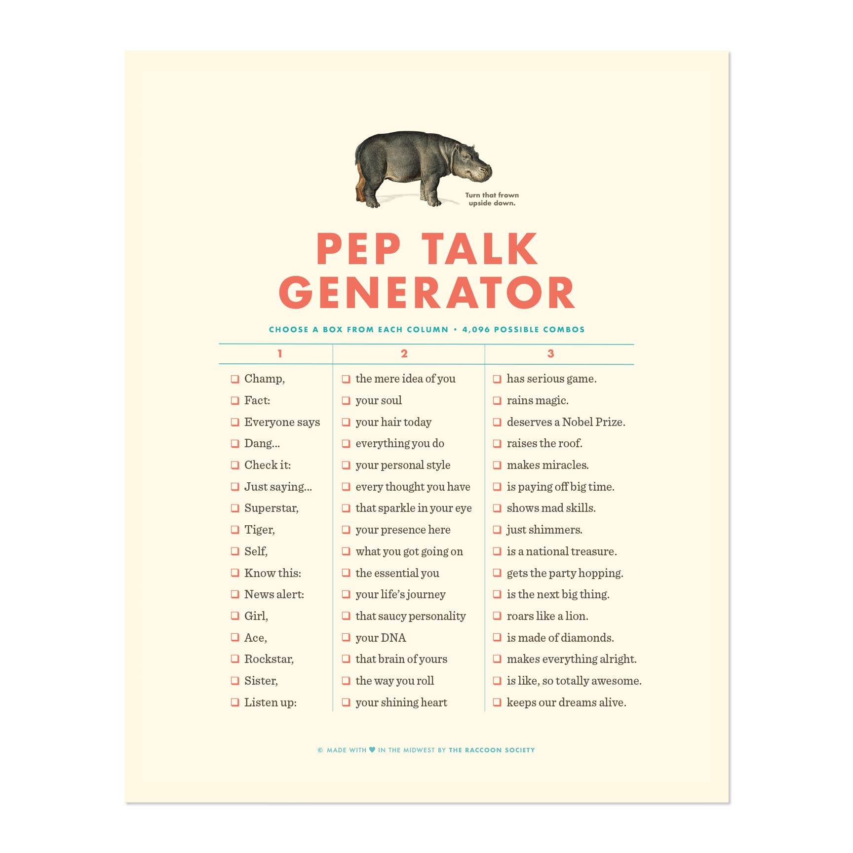 RACCOON SOCIETY Pep Talk Inspirational Wall Art Print - 8x10 Funny Motivational Sentence Generator Gift - Ready to Frame - Fun f
