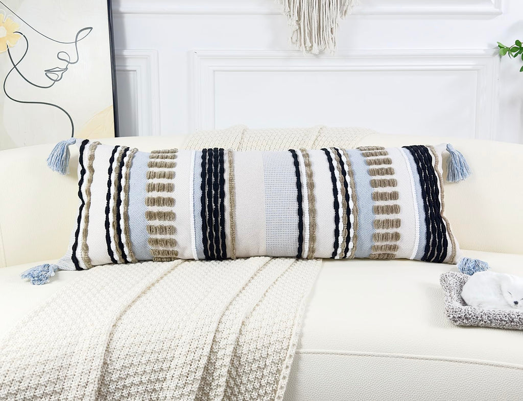 Nuyecy Chenille And Cotton Long Pillow For Bed,Striped Textured Boho Long Lumbar Throw Pillow Cover 14X36,Neutral Accent Decorat