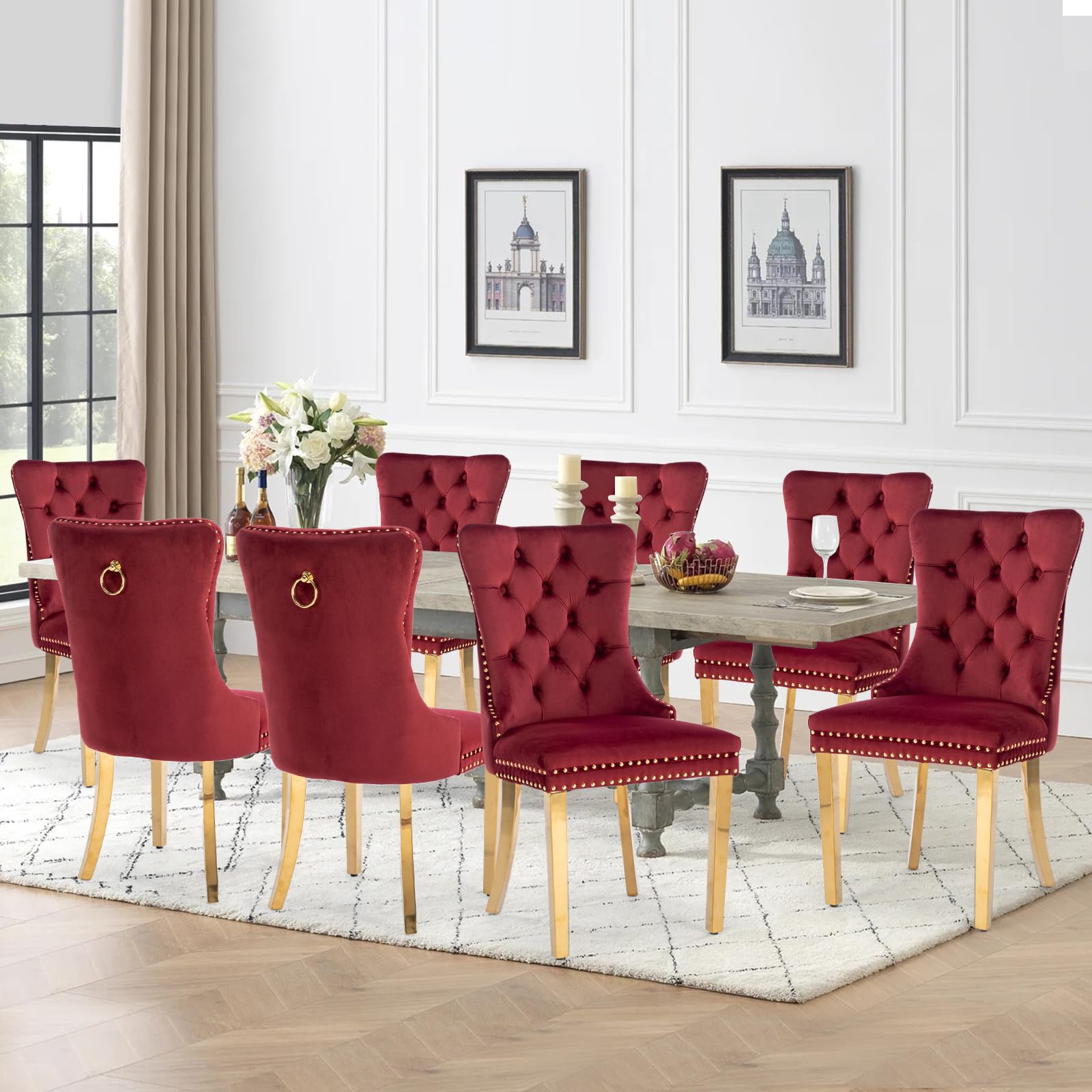 Vicbarley Velvet Dining Chair Set Of 8 Upholstered Tufted Dining Room Chair With Nailhead Trim And Stainless Steel Golden Plated