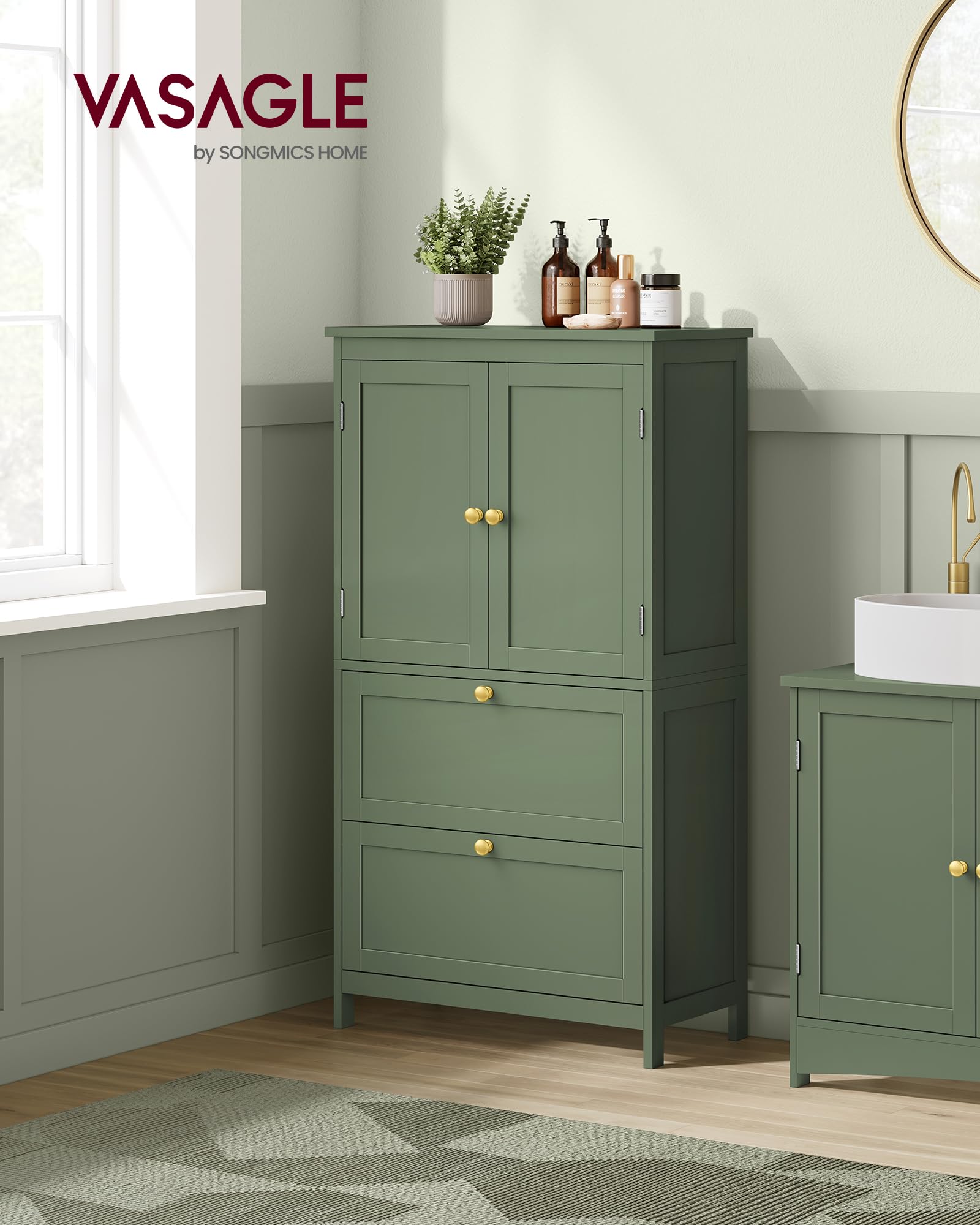 Vasagle Bathroom Floor Storage Cabinet, Bathroom Storage Unit, Freestanding Cabinet With 2 Drawers And 2 Doors, Adjustable Shelf, 11.8 X 23.6 X 43.3 Inches, Forest Green Ubbc551C01