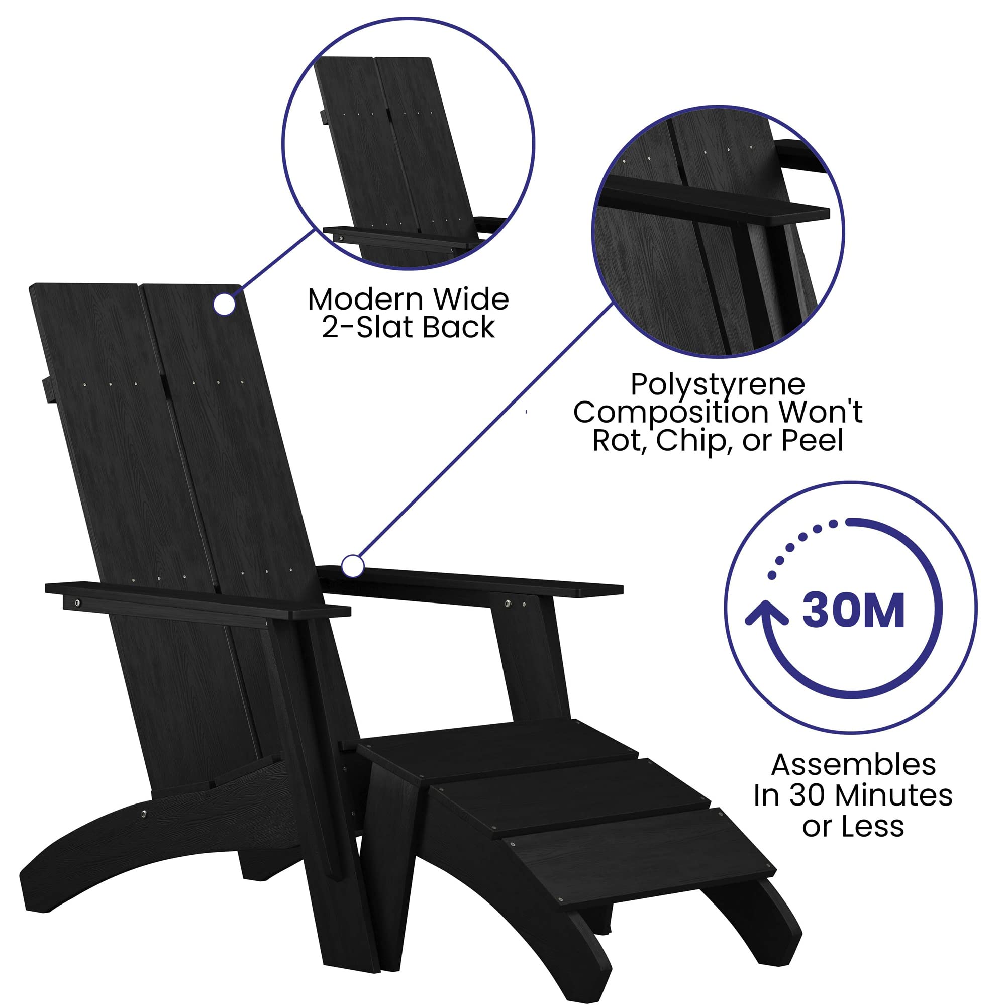 Flash Furniture Set of 2 Sawyer Adirondack Style Chairs with Footrests - Black Poly Resin - Weather Resistant
