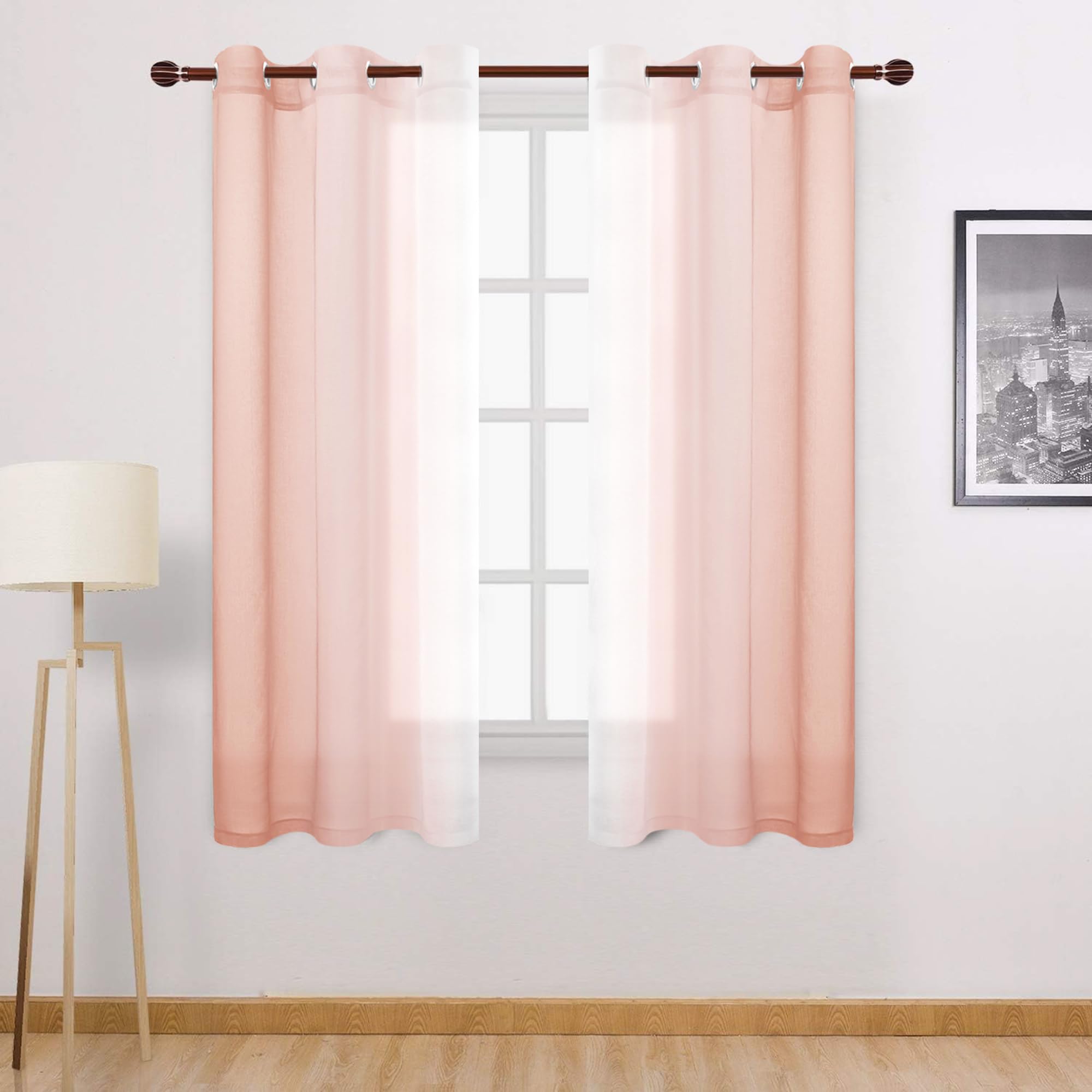 Dwcn Blush Pink Faux Linen Ombre Sheer Curtains - Gradient Semi Voile Curtains For Bedroom And Living Room, Set Of 2 Grommet Top
