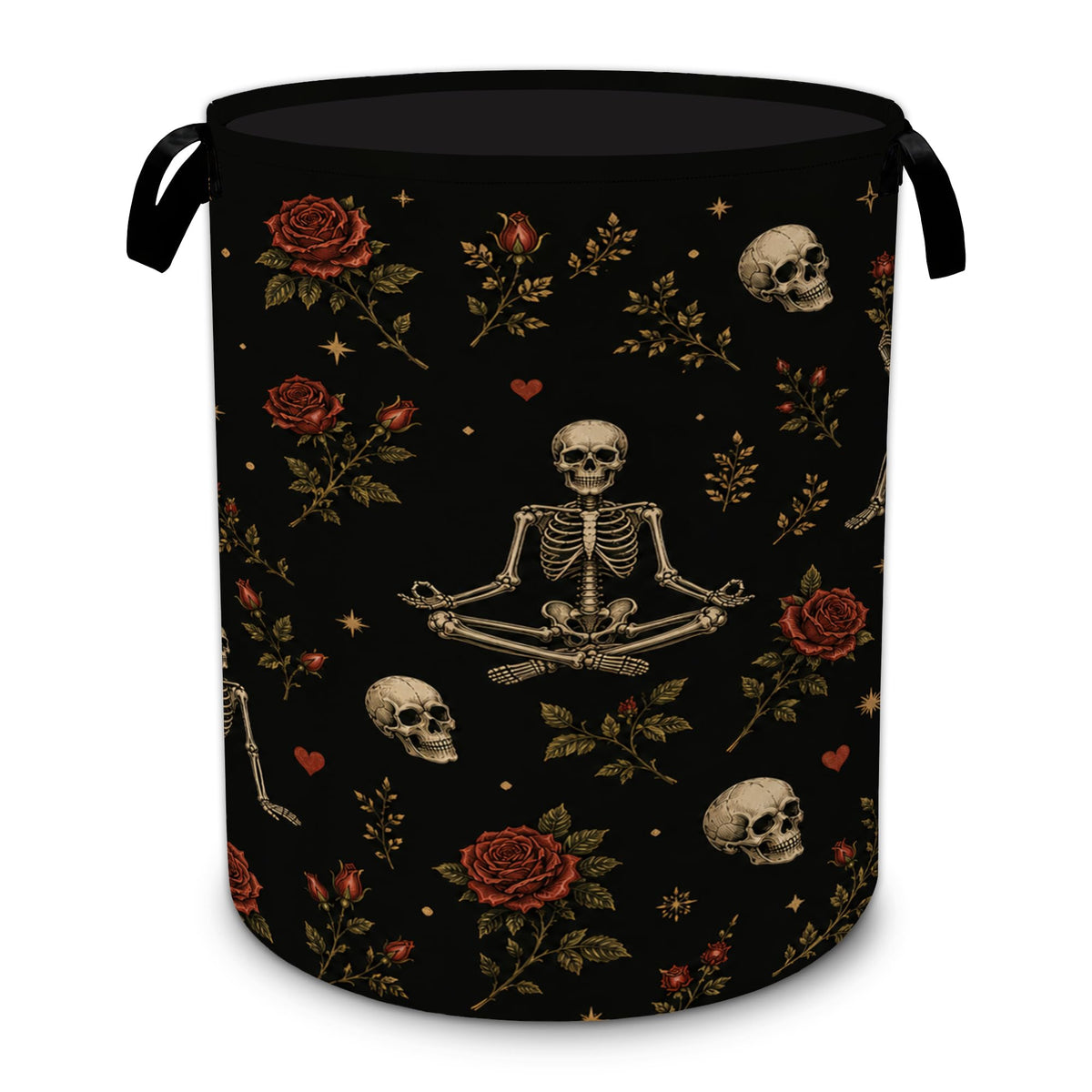Gothic Skull Foldable Laundry Basket with Handles,Halloween Rose Flower Oxford Clothes Hamper, Portable Laundry Room Decor Stora
