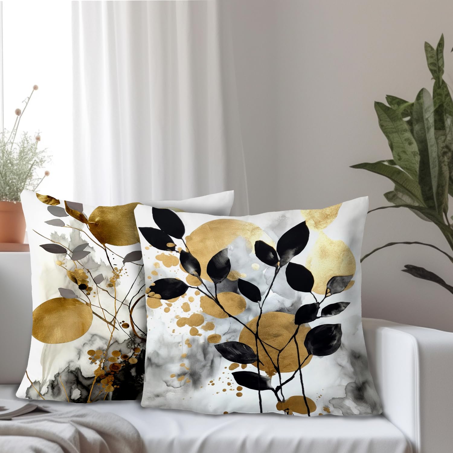 Supwhd Black And Gold Botanical Pillow Covers 16X16 Set Of 2, Abstract Modern Decorative Throw Pillow Covers For Living Room Bed