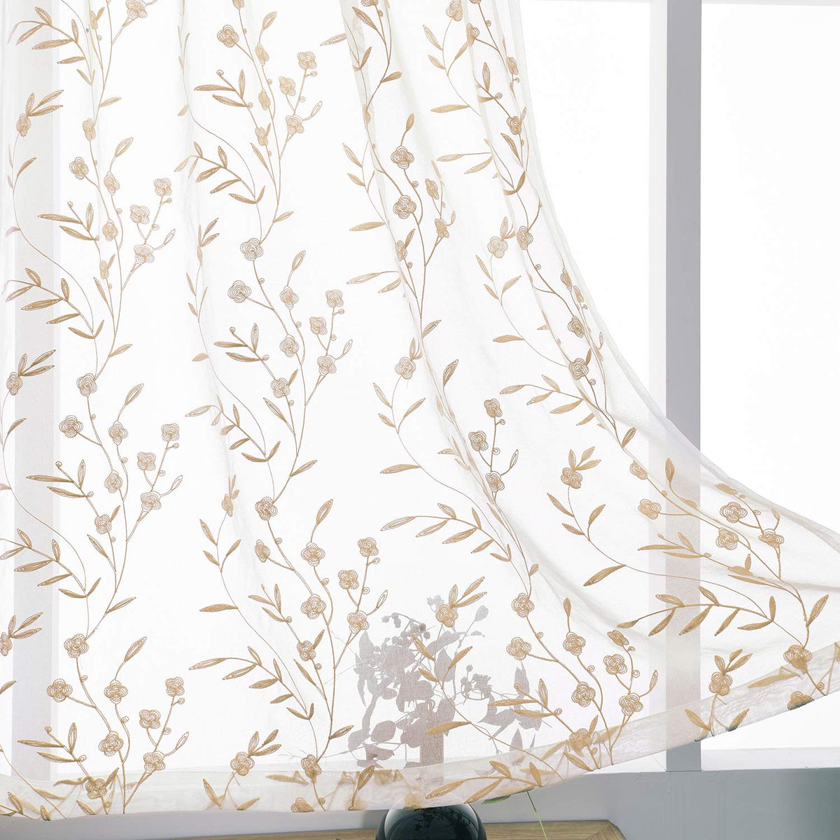 Beige Sheer Curtains Embroidery 63 Inch Length Rod Pocket Voile Drapes For Living Room, Bedroom, Window Treatments Semi Flower P
