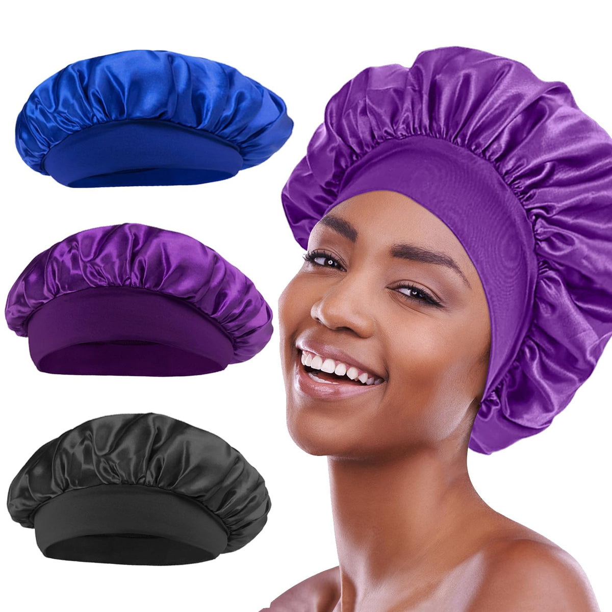 JDDGVOE Silk Bonnet for Sleeping Women, 3 Pcs Bonnets for Black Women, Blcak Hair Bonnet for Sleeping, Silk Bonnet for Sleeping 