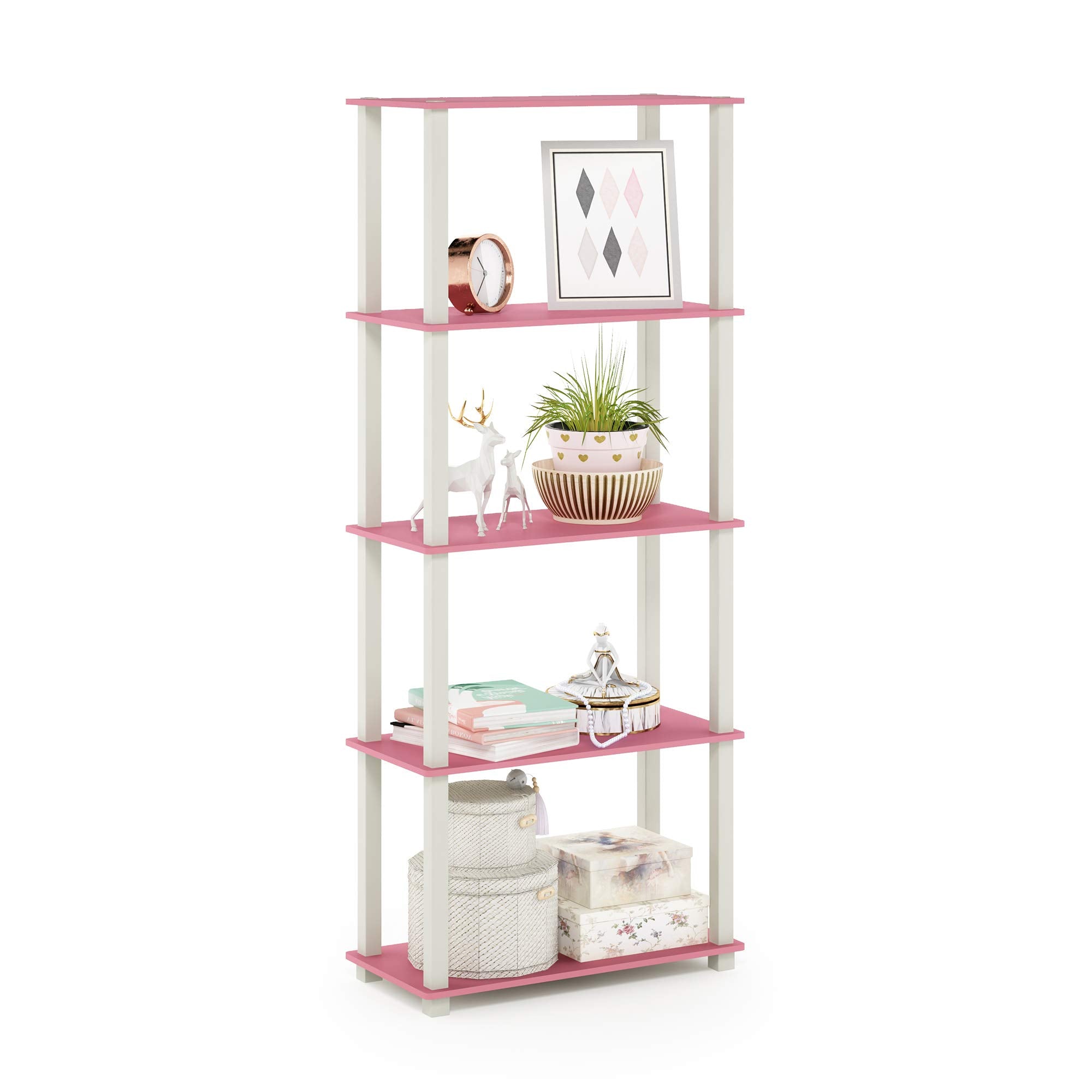 Furinno Turn-N-Tube 5-Tier Multipurpose Shelf / Display Rack / Storage Shelf / Bookshelf, Square Tubes, Pink/White